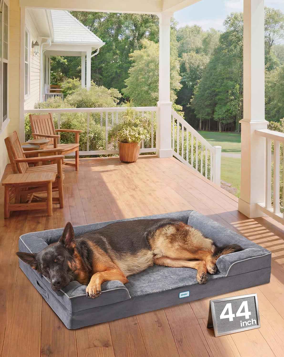 OhGeni Orthopedic Dog Bed Couch Big Cat Sofa for Extra Large Sized Pets with Memory Foam, Machine-Washable Waterproof Removable Cover, Soft Comfortable Fabric, 44-inch (Gray & Thickened Version)