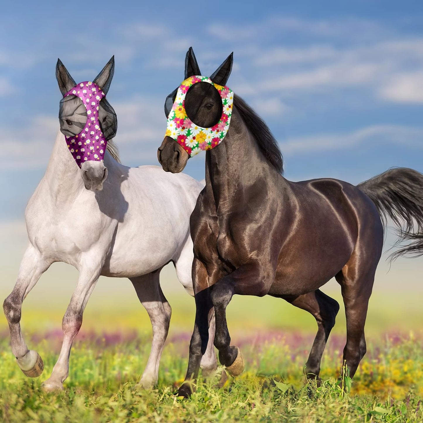 Frienda 4 Pieces Horse Fly Masks with Ears Face Covering UV Protection from Insect Pests Elasticity Smooth Comfortable Mesh Horse Mask Accessories(Flower,Large)