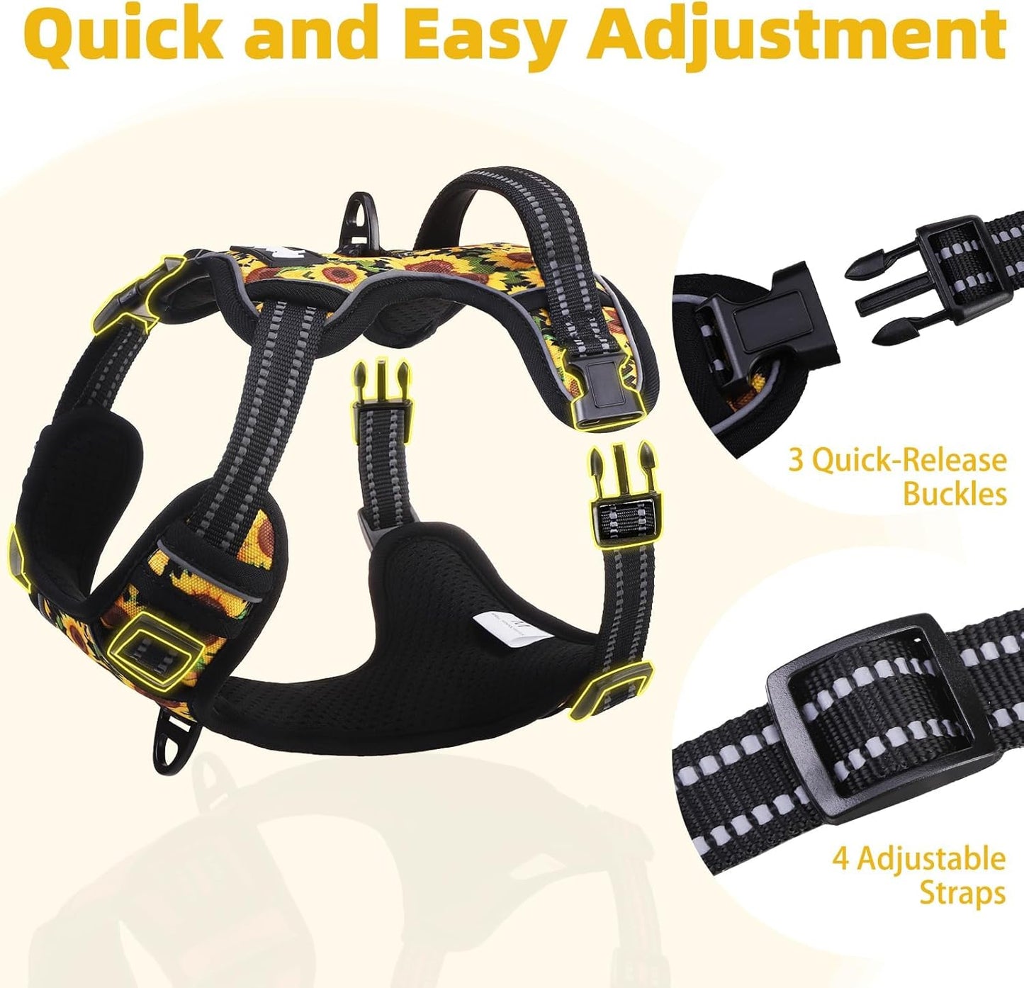 PUPTECK No Pull Dog Harness Small Sized, Adjustable Reflective Dog Harness with Handle Easy Control, Comfortable Soft Padded Pet Vest Harness for Small Dogs, Sunflower S
