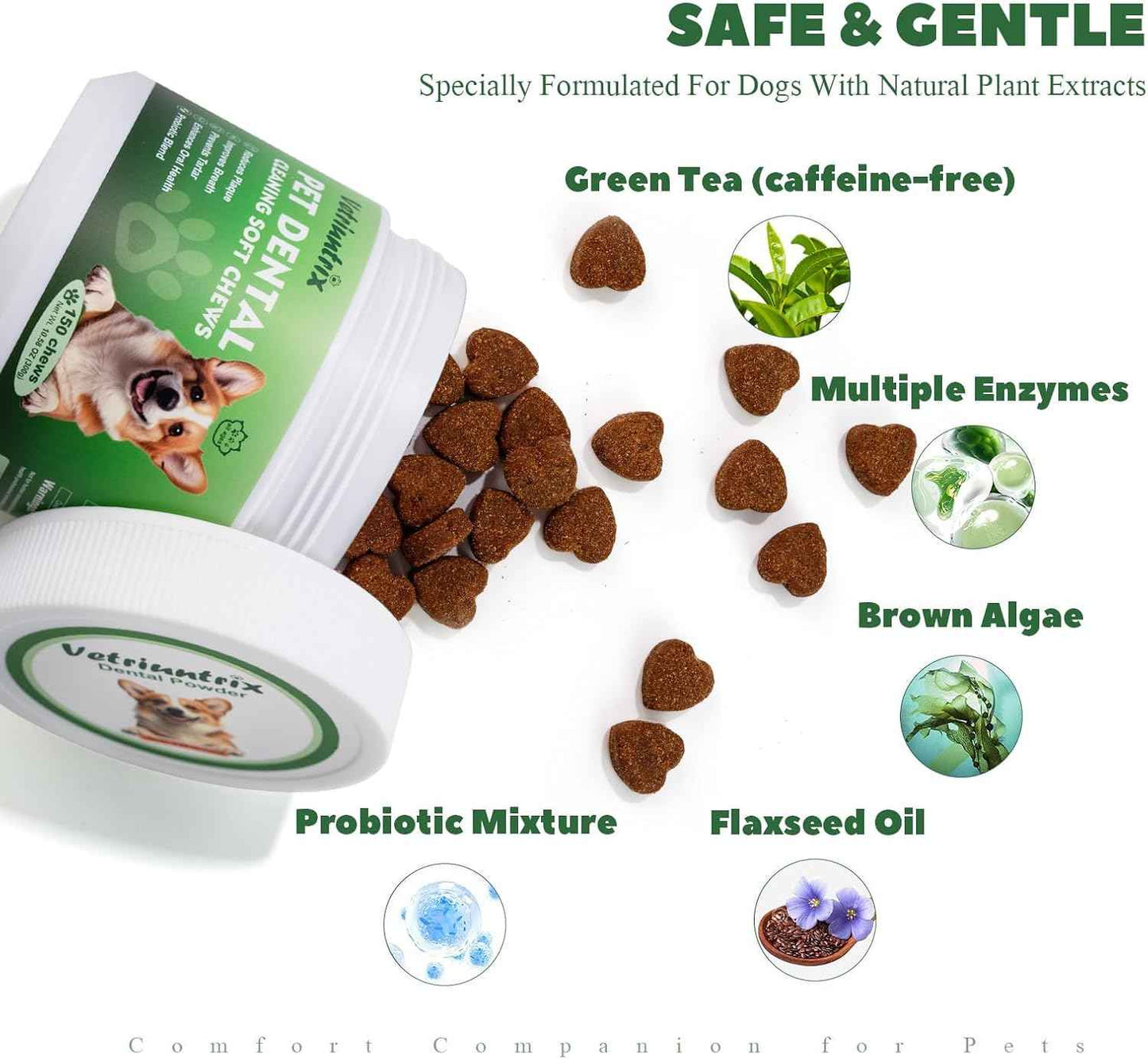 Dog Dental Chews, Dog Teeth Cleaning Soft Chews for Fresh Breath, Plaque & Tartar Control, Dental Care for Dogs with Natural Enzymes and Probiotics
