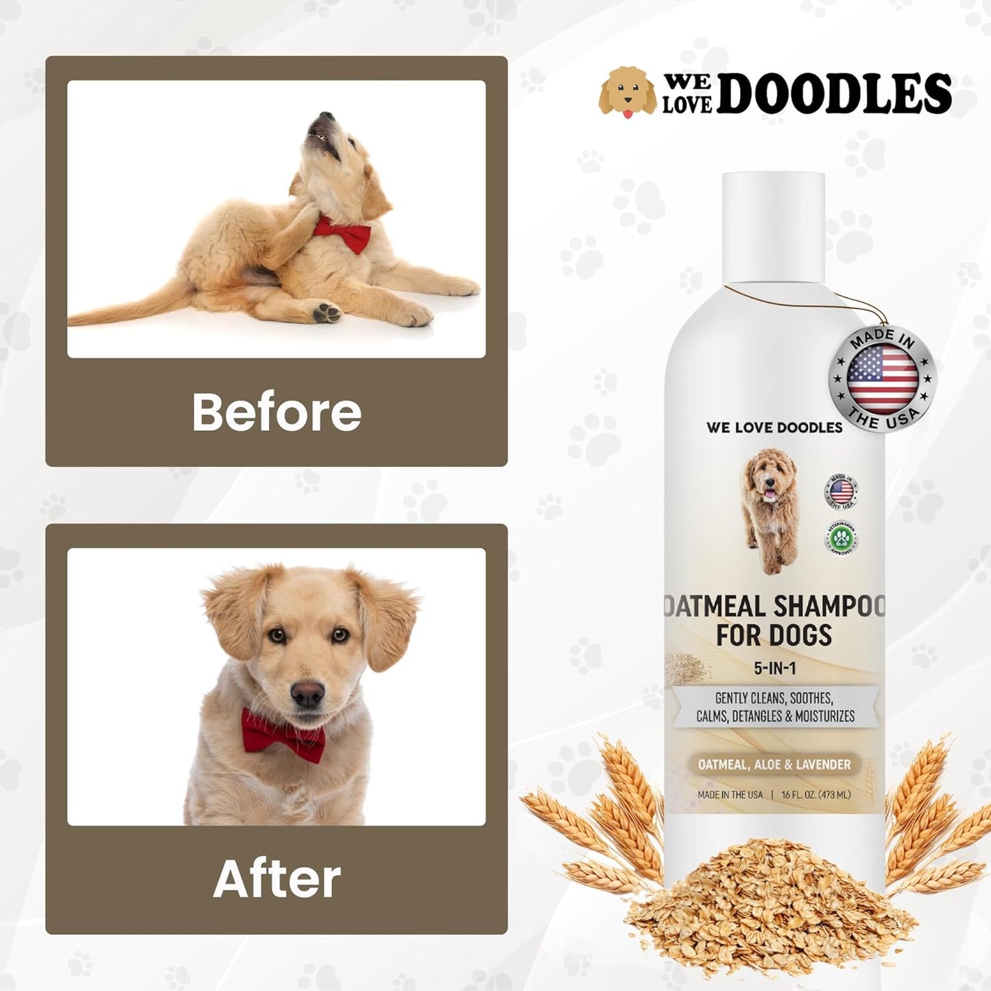5-in-1 Premium Oatmeal Shampoo for Dogs, Gentle for Itchy & Sensitive Skin, Provides Itch Relief, Hypoallergenic & Soothing for Dry Skin, Moisturizing Anti-Itch, Made in USA, 16 oz [We Love Doodles]