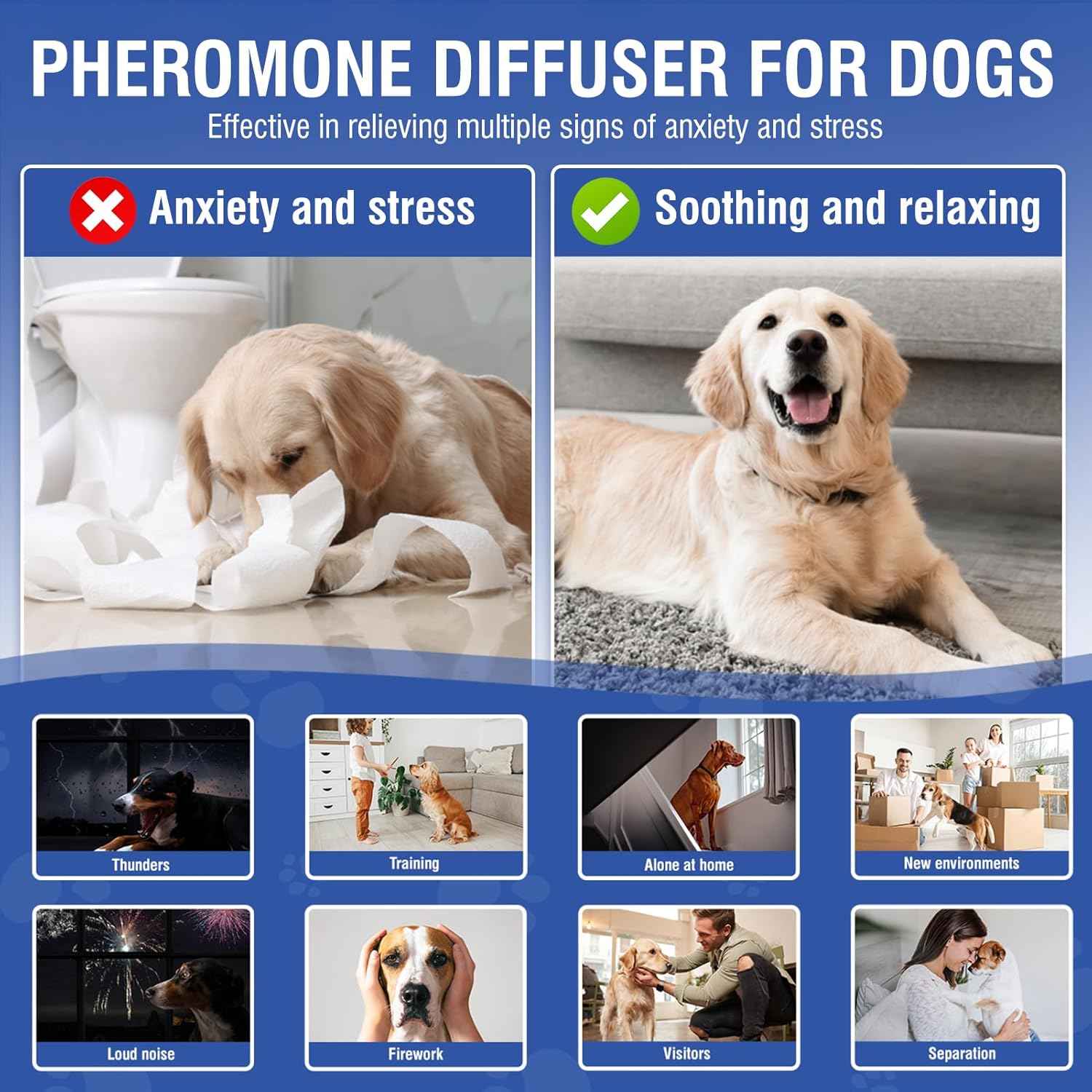 Calming Diffuser 4 in 1 Dog Pheromone Appeasing Pet Pheromones Diffuser to Calm Kit (Plug in+ 3 Pack 48ml Refill) for Anxiety Relief Reduce Barking Aggression Fighting Stress