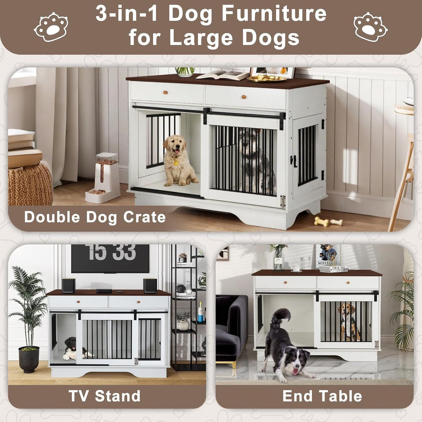 Double Dog Crate Furniture - Farmhouse Style Dog Kennel with Storage Drawers, 47.2" End Table Dog Cage, Removable Divider for 2 Small/Medium Dogs or 1 Large Dog Indoor Use for Living Room