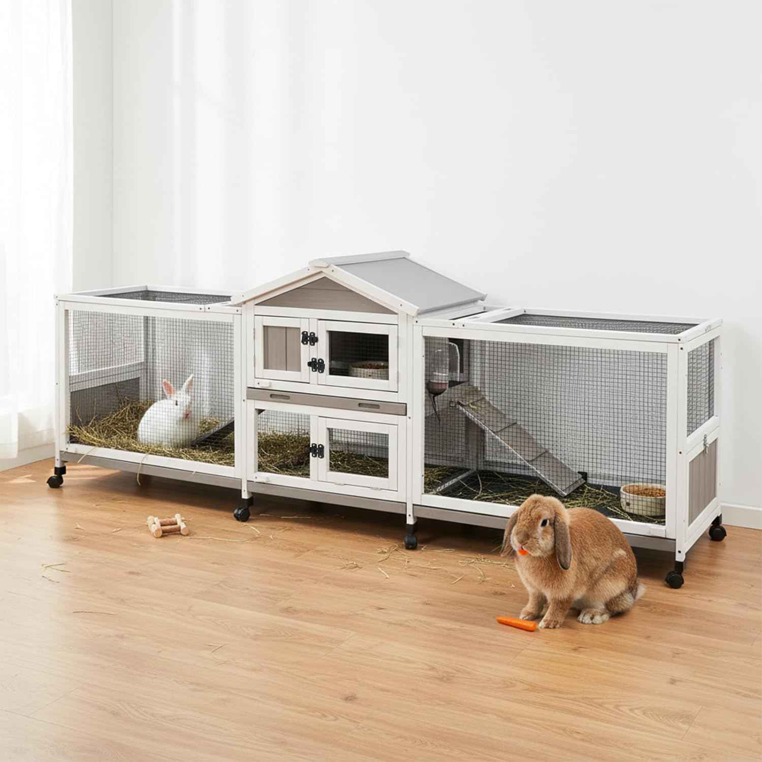 93” Large Rabbit Hutch Outdoor with Run, Wooden Expandable 2 Story Bunny House Rabbit Cage Indoor with 8 Wheels, Waterproof Roof, 4 Pull Out Trays, Guinea Pig Cage for Small to Medium Pets