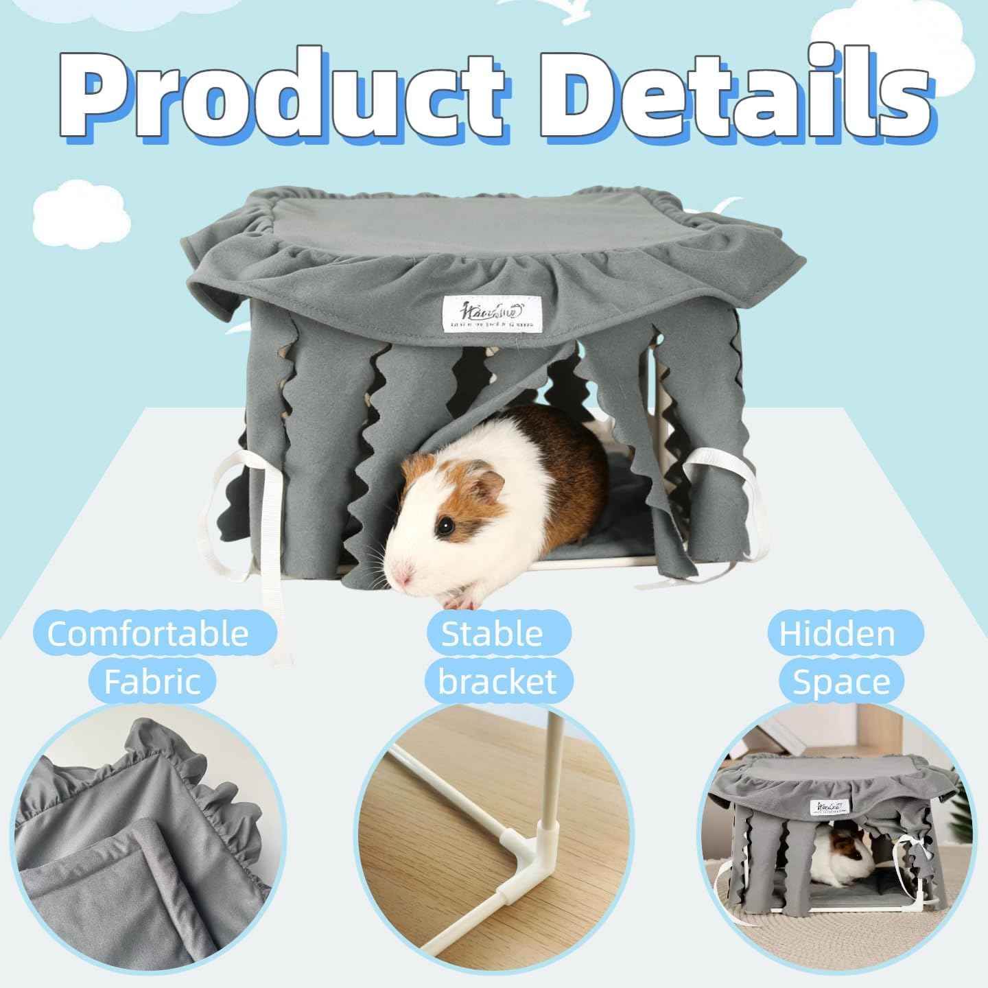 Guinea Pig Hideout & Hamster Bed Machine Washable Small Animal Bed Cage Accessories for Hamster Bunny Ferret Chinchilla Hedgehog Bearded Dragon and Rat (Grey)