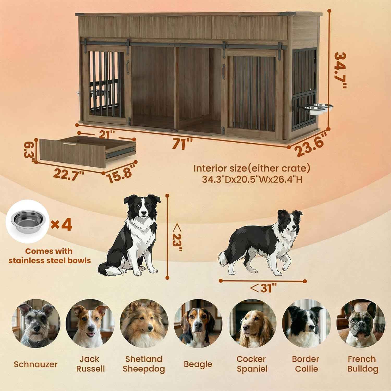 71'' Double Dog Crate Furniture for 2 Dogs, XXL Wooden Indoor Dog Kennel with 3 Fluted Drawers & Charging Station, Removable Divider, 360° Rotating Feeder, TV Stand or Side Table, Walnut