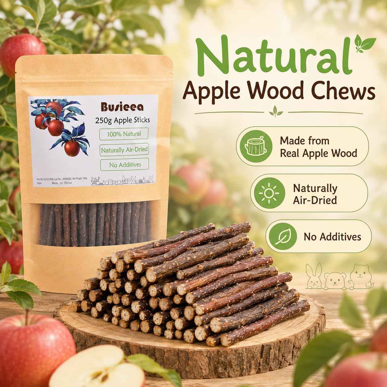 Premium Natural Apple Sticks - 100g/3.52 OZ MINI Trial Pack - Perfect for 1 Pet, Molar Chew Treats for Rabbits Chinchillas Guinea Pigs Hamsters Small Animals