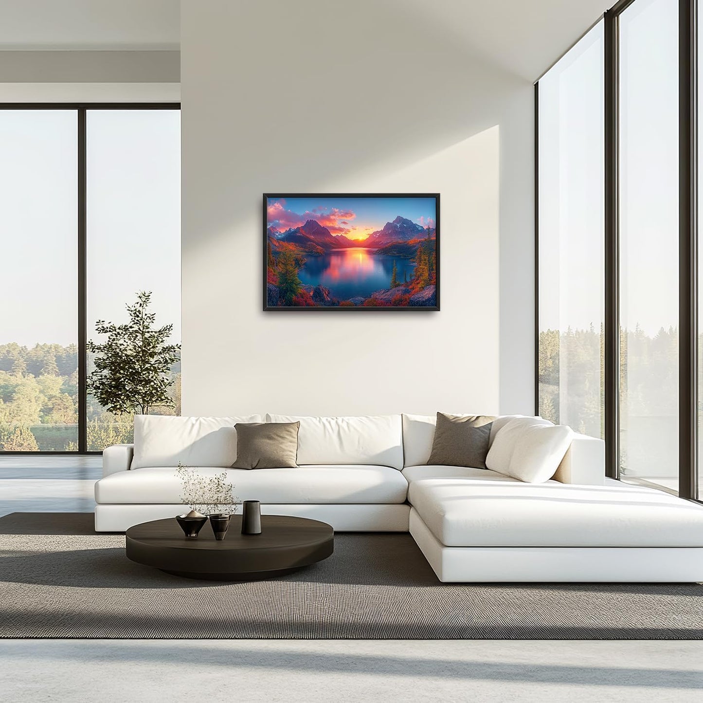 Large Lake Mountain Landscape Wall Art for Living Room, Nature Sunrise Canvas Oversized Wall Decor, River Forest Scenery Framed Pictures Painting Print Artwork for Bedroom Office 36"L x 24"W