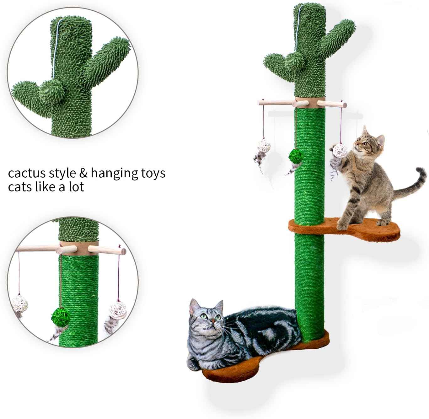 Meowoou Wall Mounted Cat Scratcher for Indoor Cats, 38 Inch Cat Wall Shelves with Scratching Posts and Pedal, Suitable for Adults Cats, Kitten and All Type of Cats Cactus
