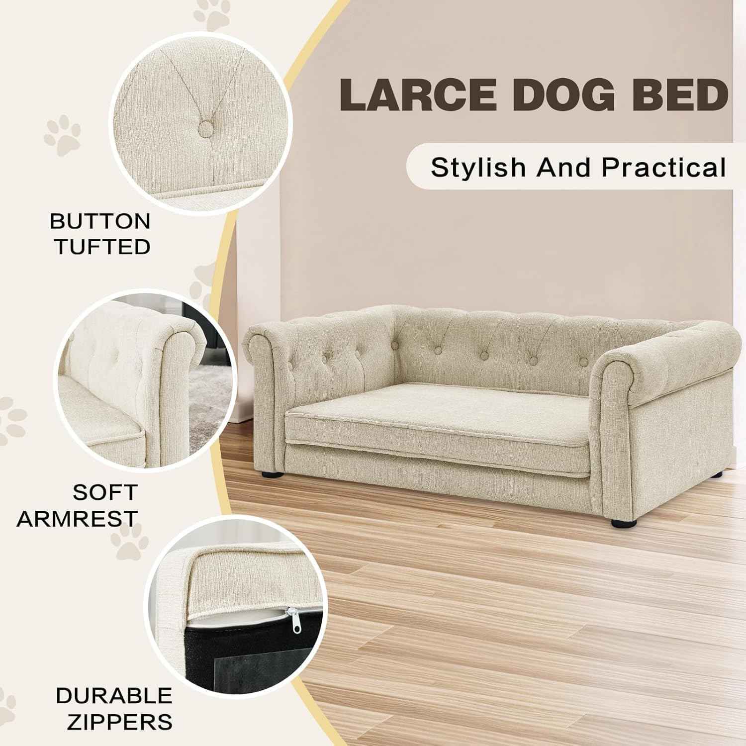 Dog Sofa Couch for Medium Dogs, 39" Memory Foam Pet Couch with Washable Fabric Removable Cushion, Sofa Bed for Medium Dogs, Beige Grey