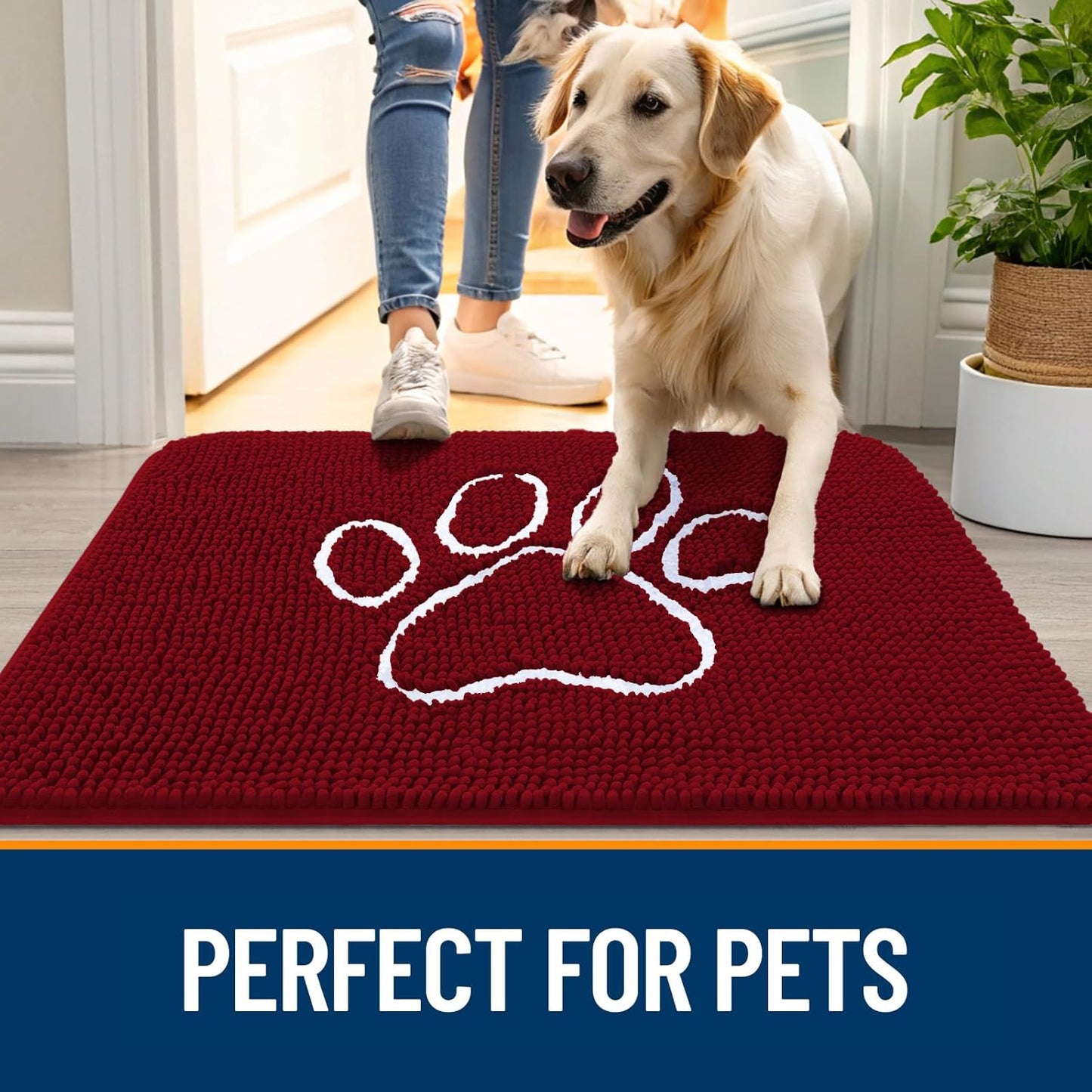 OLANLY Door Mat for Muddy Dog Paws 30x20, Ultra Absorbent Chenille Mud Doormat with Paw Print Design, Non-Slip Washable Doormat for Indoor Entryway, Quick-Dry Pet Bed Mats for Dirty Dogs, Red