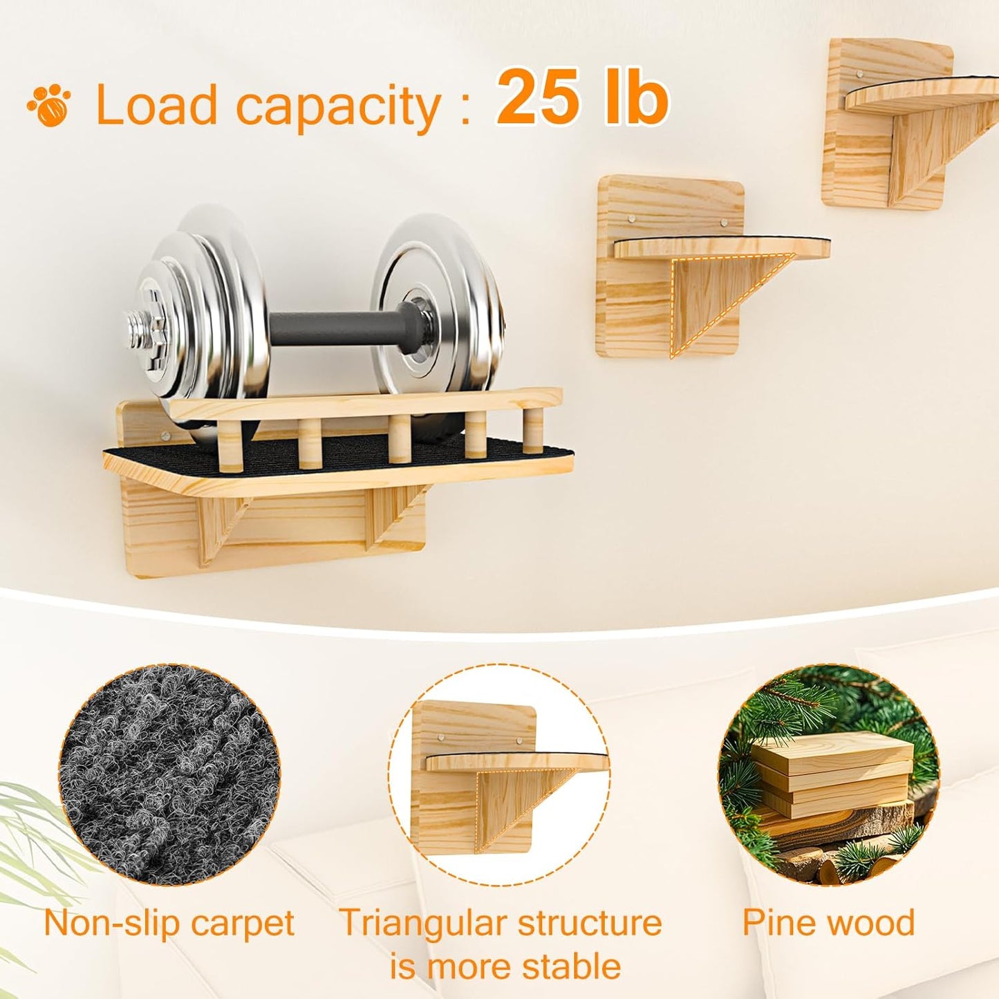 XiaZ Cat Wall Shelves, Cat Wide Climber Shelf with 3 Perch Steps, Kitty Wall Mounted Wooden Furniture up to 25lbs, Durable Floating Cats Stairs for Indoor Sleeping, Playing, Climbing and Lounging