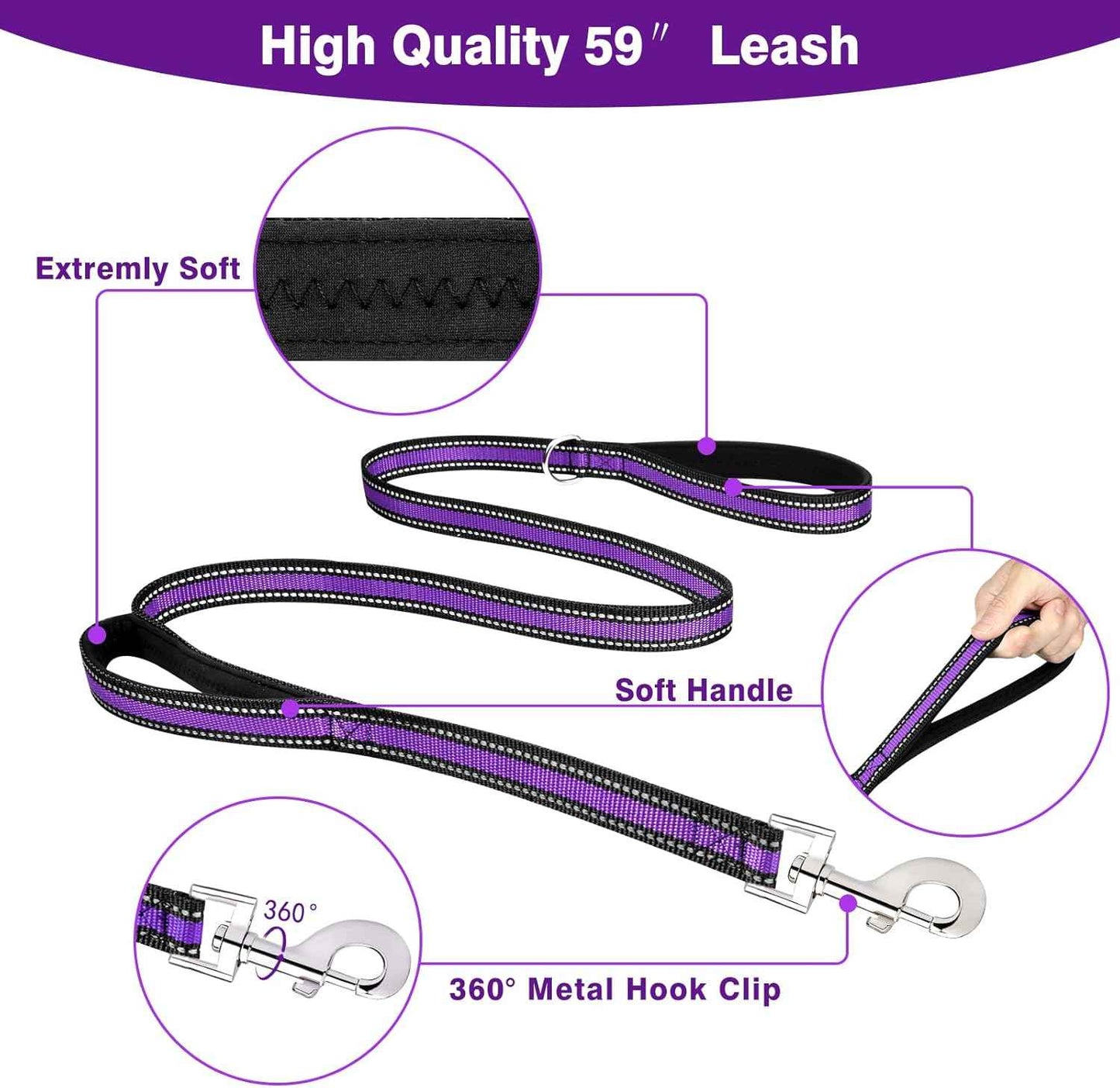 WINSEE Pet Harness Collar and Leash Set, All-in-one Reflective Dog Harness No Pull with Adjustable Buckles for Puppies, Small, Medium, Large, and Extra-Large Dogs (X-Large, Purple)