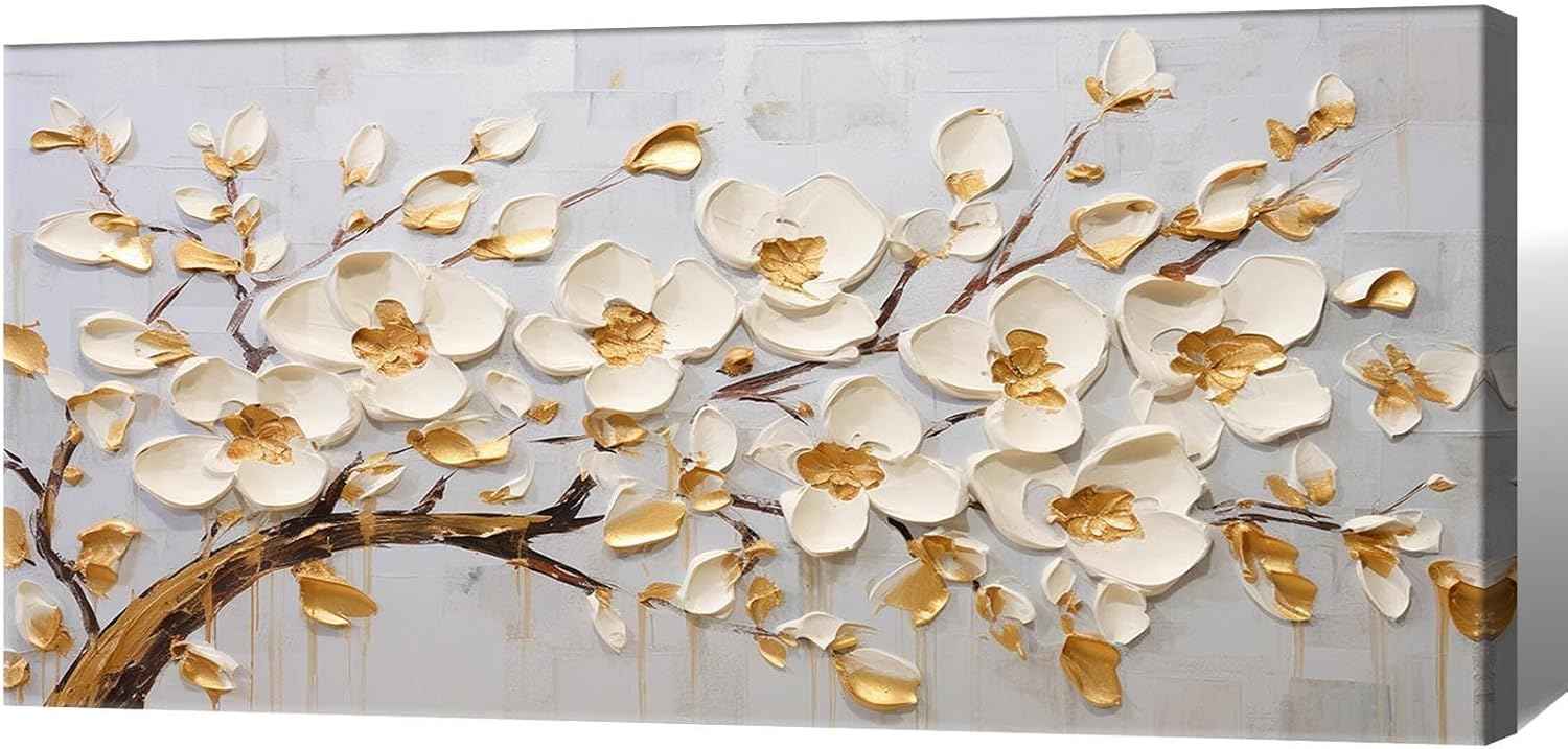 Large Original Gold White Tree Of Life Wall Art Acrylic Abstract Flower Painting Prints Modern Tree Artwork Picture Decor for Living Room Office Home Decorations 24x48inch Framed