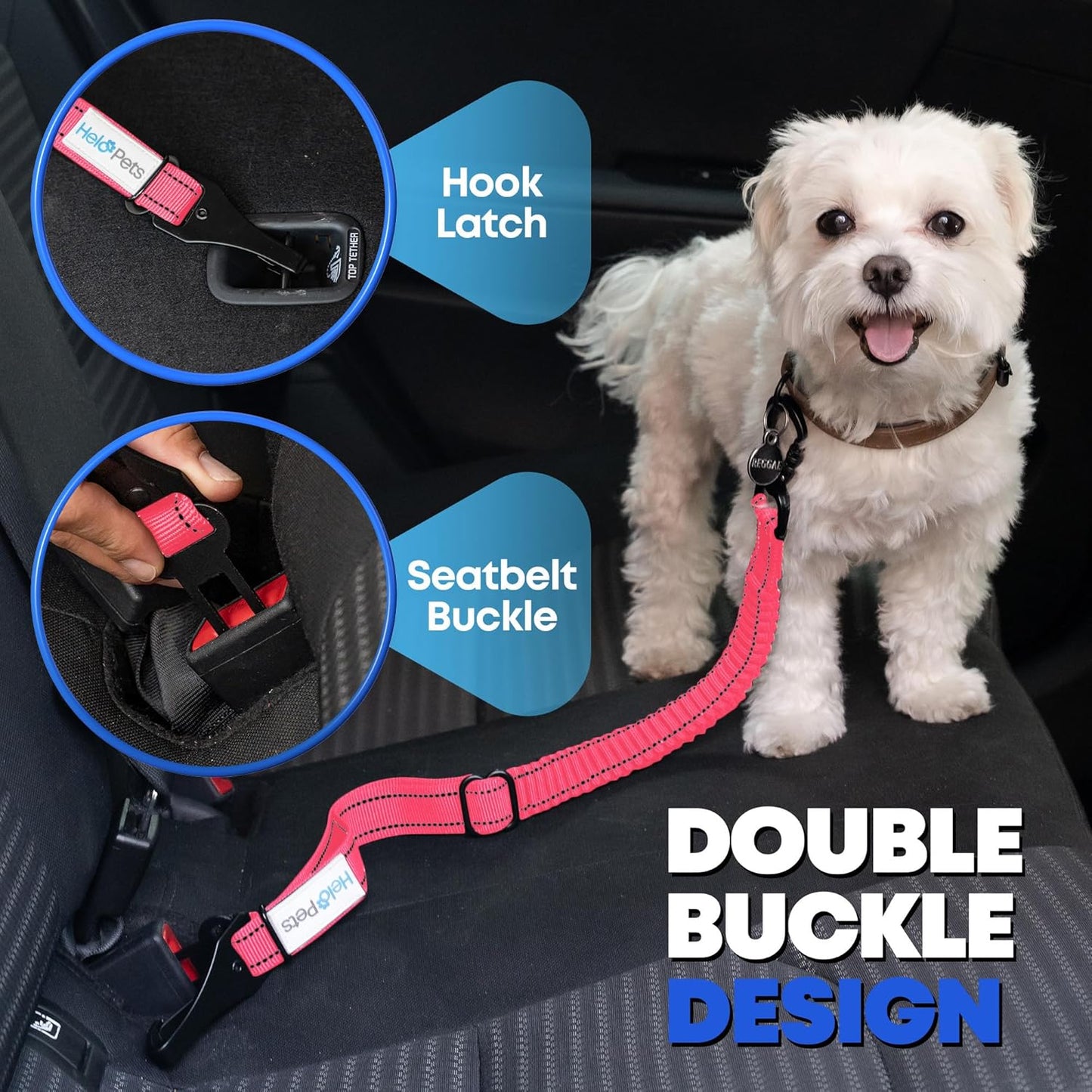 Dog Seat Belt for Car 3-in-1 Adjustable Safety Seatbelt for Dogs in Car – Durable Extra Thick Nylon Webbing Bungee with Hook & Buckle Latch, Reflective Dog Harness (Pink).