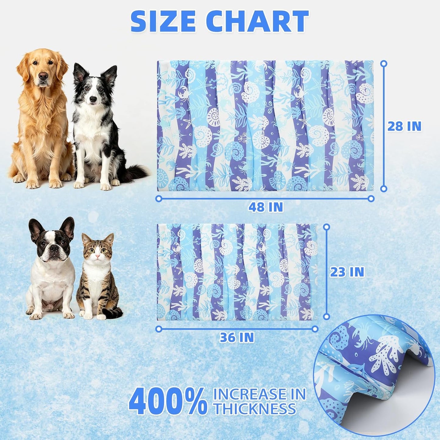 KOOLTAIL Dog Cooling Mat, Extra Thick Large Cooling Dog Bed for Summer Indoor/Outdoor, 48"*28" Reversible Washable Pet Pad with Chill Cool Fiber, Non-Toxic Portable Puppy Cat Blanket for Kennel, Blue