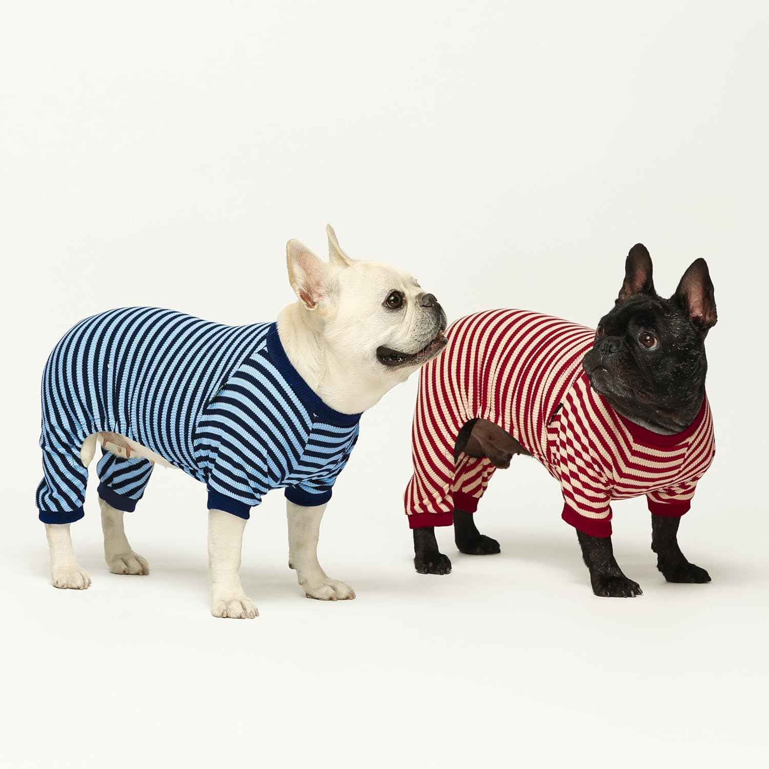 Fitwarm Blue and White Striped Dog Pajamas, Waffle Dog Clothes for Small Dogs Girl Boy, Puppy Onesie with Feet, Pet Cat Outfit, Large