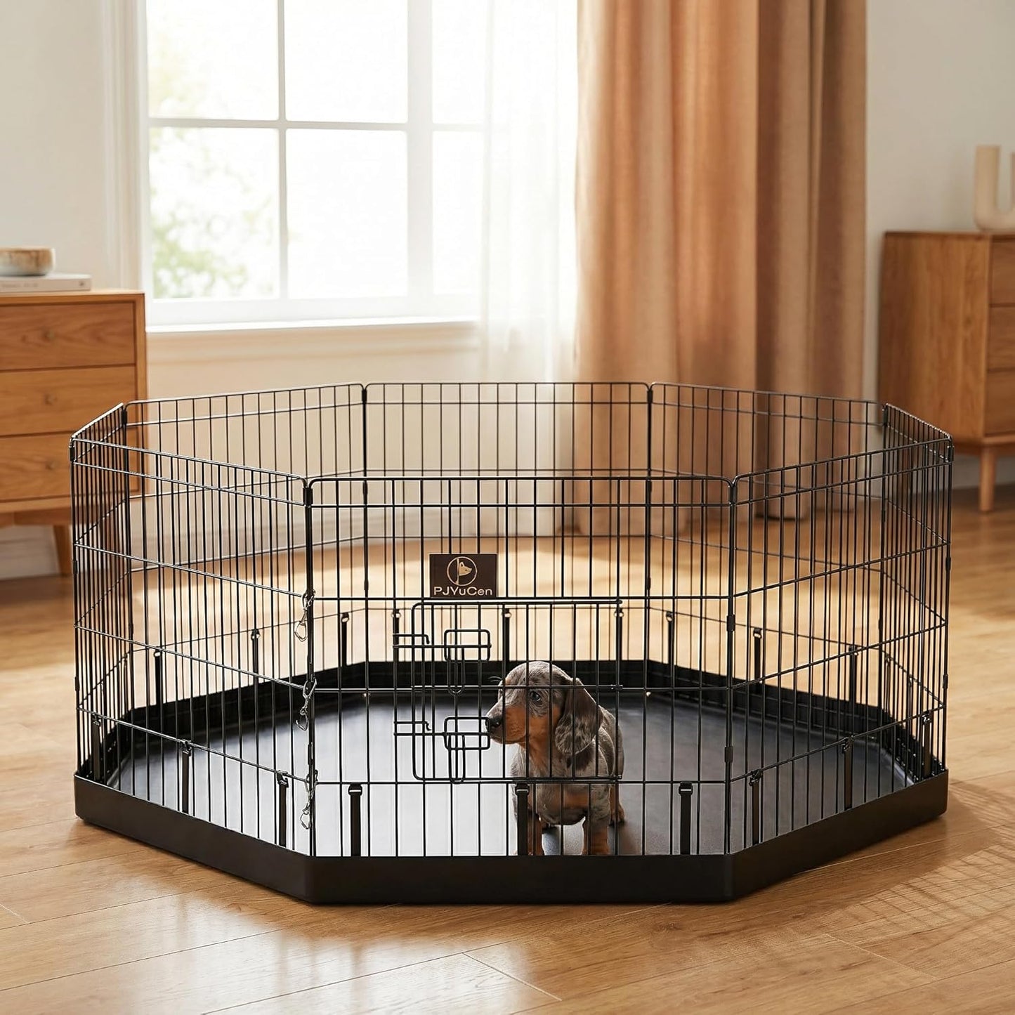 PJYuCien Octagonal Dog Playpen with Bottom Pad - Metal Foldable Exercise Pen, 8 Panels 24" H x 24" W Indoor Outdoor Pet Fence Puppy Crate Kennel, Black