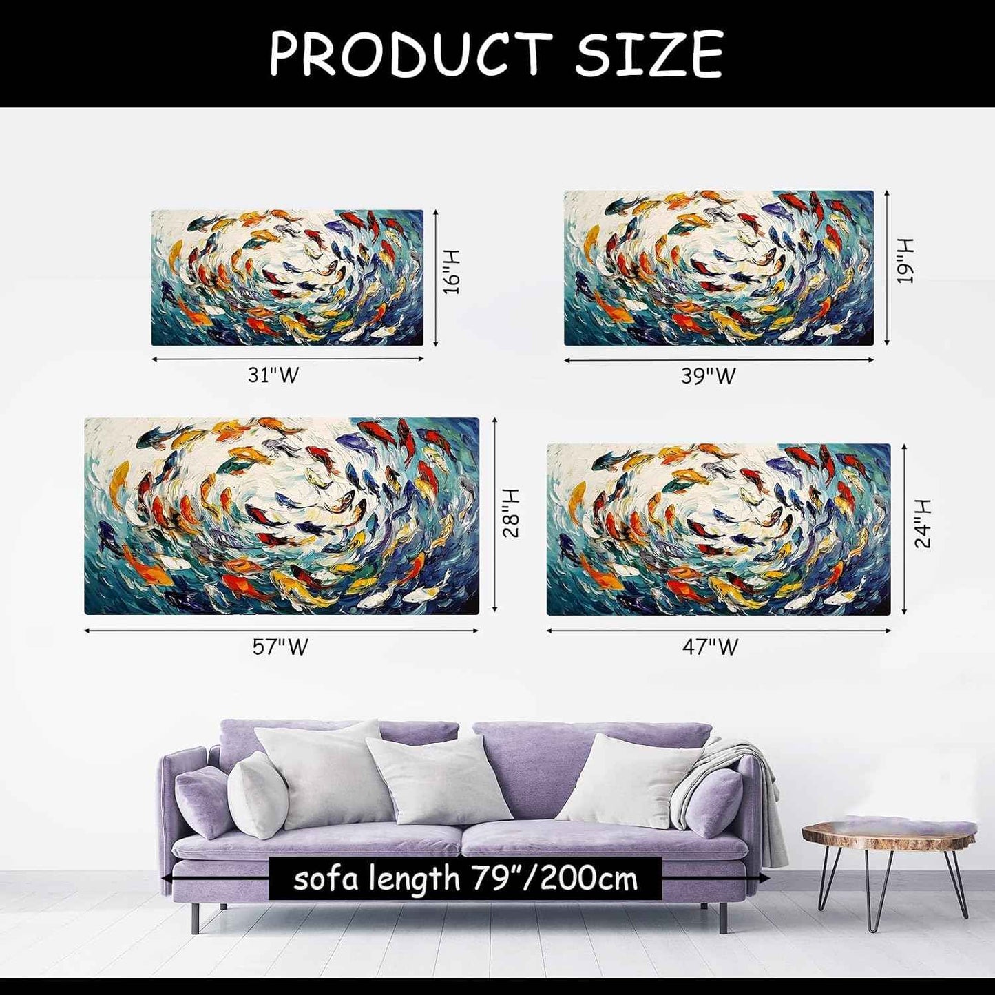 School of Fish Canvas Wall Art, Colorful Fish Herd Canvas Print, Abstract Sea Animal Wall Art, Coastal Pictures, Ocean Bathroom Decor, Marine Decor for Living Room, Bedroom (47"x24" | 120x60cm)