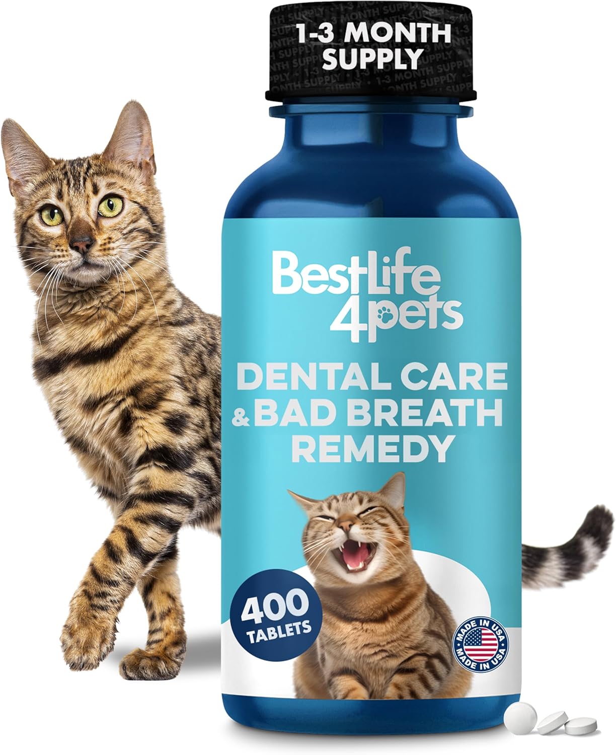 Cat Dental Supplement for Bad Breath, Tartar & Gum Support – Natural Oral Tablets for Fresh Breath, Teeth & Gum Wellness and Plaque Control – Odorless & Tasteless – 400 Easy-to-Give Pills