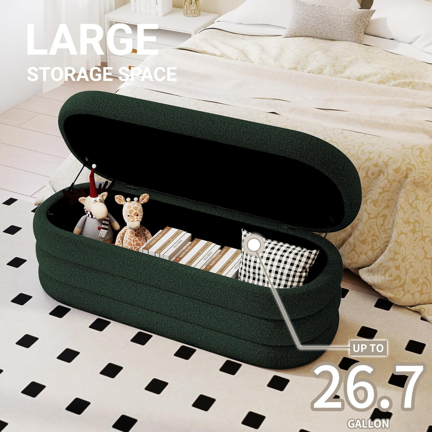 Storage Ottoman Bench 49.2 Inch Upholstered Fabric Storage Bench for Bedroom End of Bed Aesthetic Large Oval Ottoman for Living Room(Dark Green)