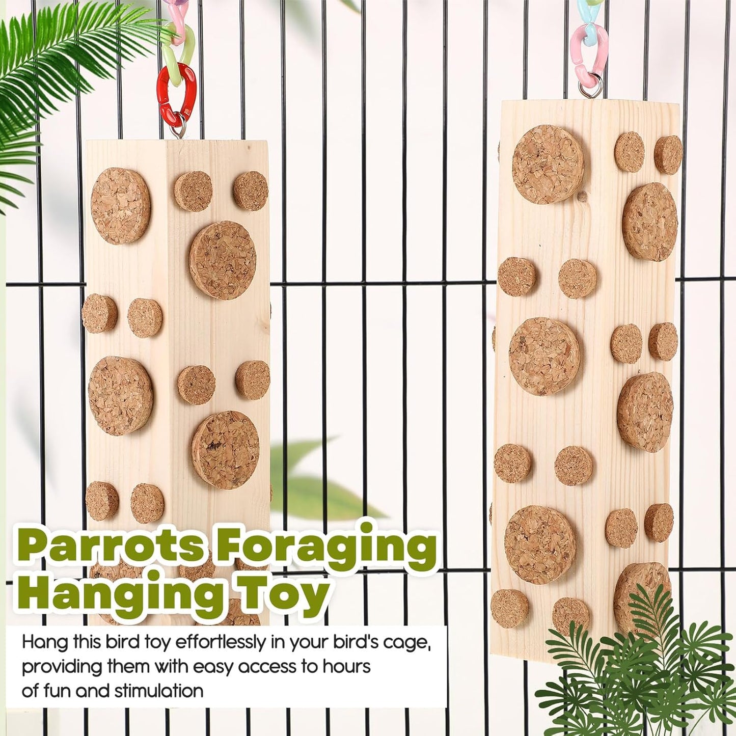 2 Pcs Bird Parrot Chew Toys Wooden Foraging Hanging for Birds Parrots Cork Stopper Toys Cage Woodpecker Feeding Toy for Macaws, Small Parakeets Conure Budgies Finches Cockatiel