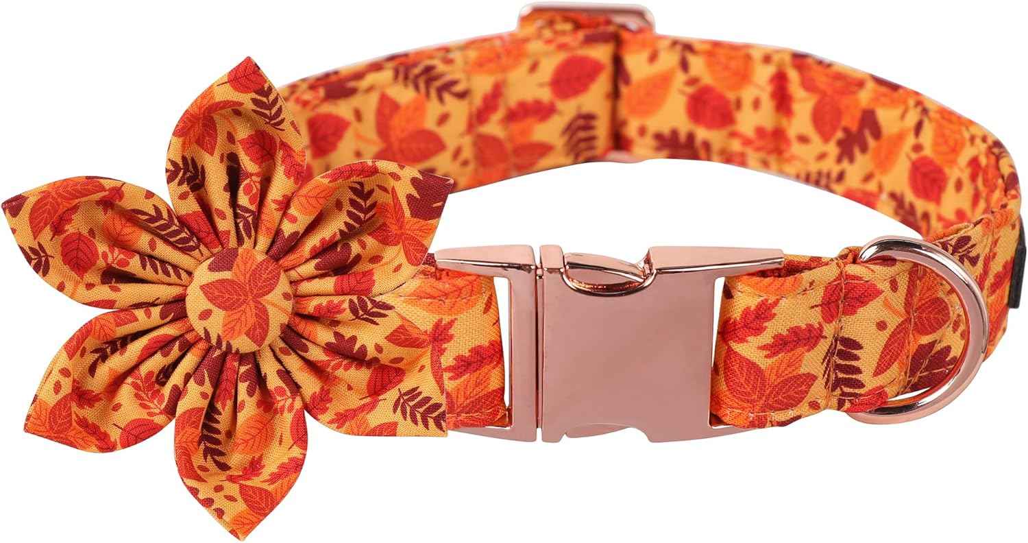 Lionet Paws Dog Collar with Flower - Cute Cotton Adjustable Flower Dog Collar with Metal Buckle for Medium Dog Girl Gift, M, Neck 13.5-22in