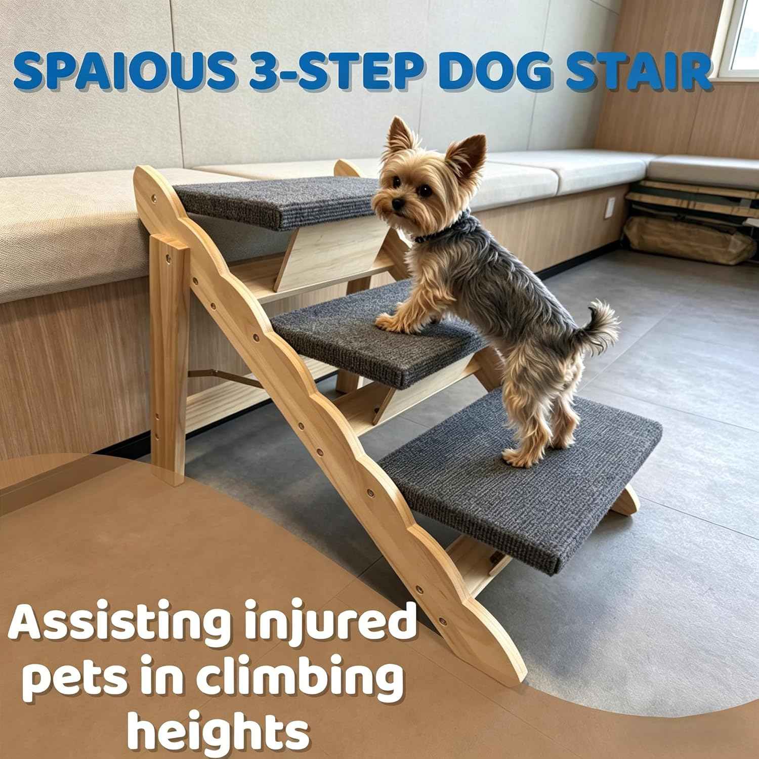 Wooden Dog Stairs, 2-in-1 Floded Flat Design Dog Steps for Beds Cars Couch, Anti-Slip Pet Ramp with 3 Steps, Indoor Pet Stairs for Small Medium Large Pet, up to 150 lbs