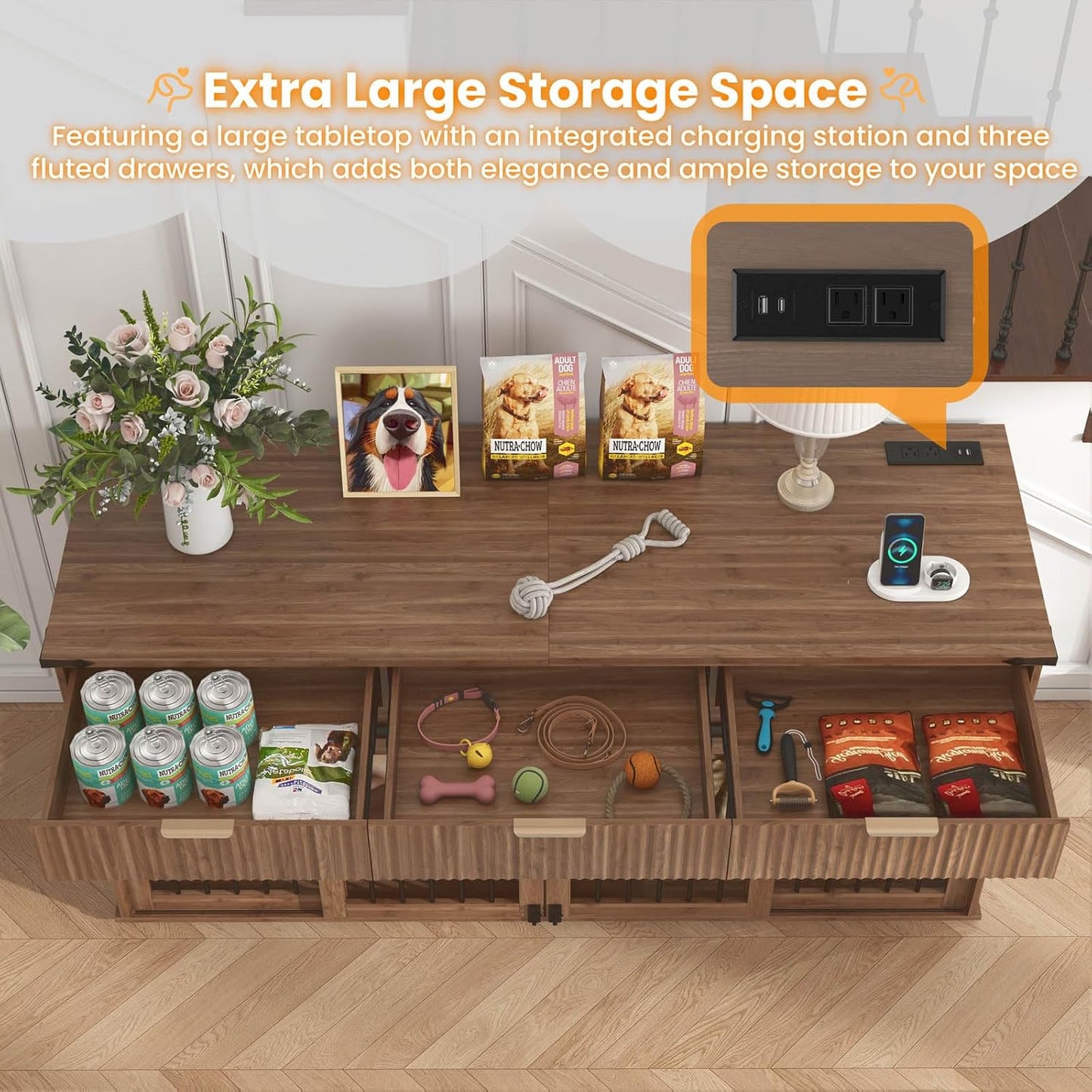 71'' Double Dog Crate Furniture for 2 Dogs, XXL Wooden Indoor Dog Kennel with 3 Fluted Drawers & Charging Station, Removable Divider, 360° Rotating Feeder, TV Stand or Side Table, Walnut