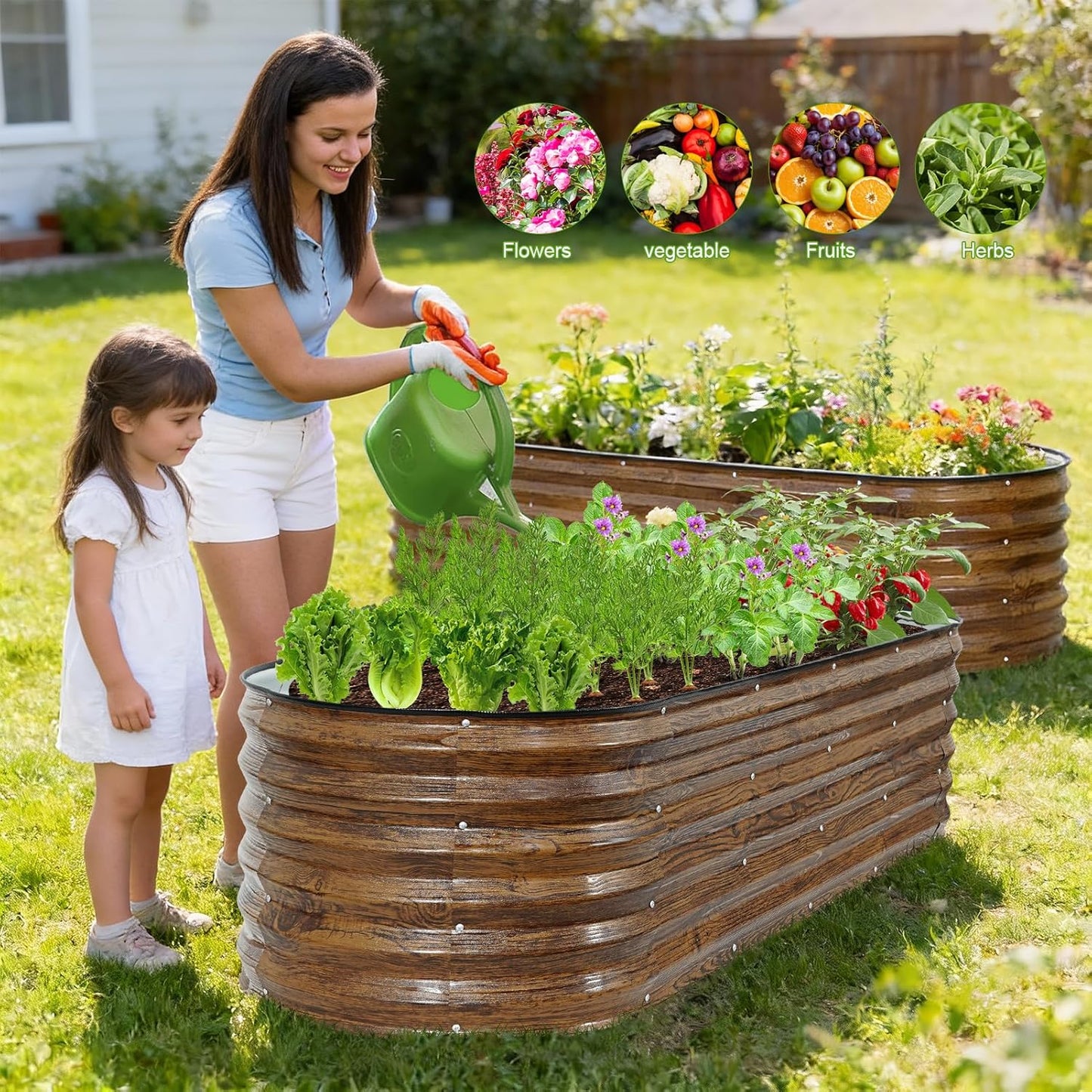 Galvanized Raised Garden Bed Outdoor- 6x2x1.4ft Oval Steel Raised Beds for Gardening, Metal Planter Box with Protective Strip and Gloves for Vegetables, Flowers, Fruits (Brown)