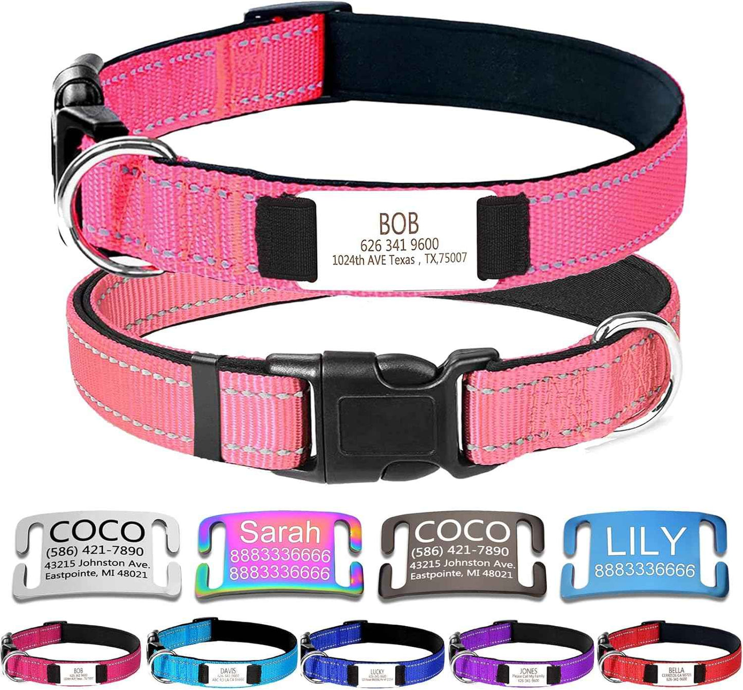 Personalized Dog Collars,Dog Collar with Engraved Name Plate ID Tags,Custom Reflective Adjustable Nylon Collar,Pet Collar for Small Medium Large Dogs,S,Pink