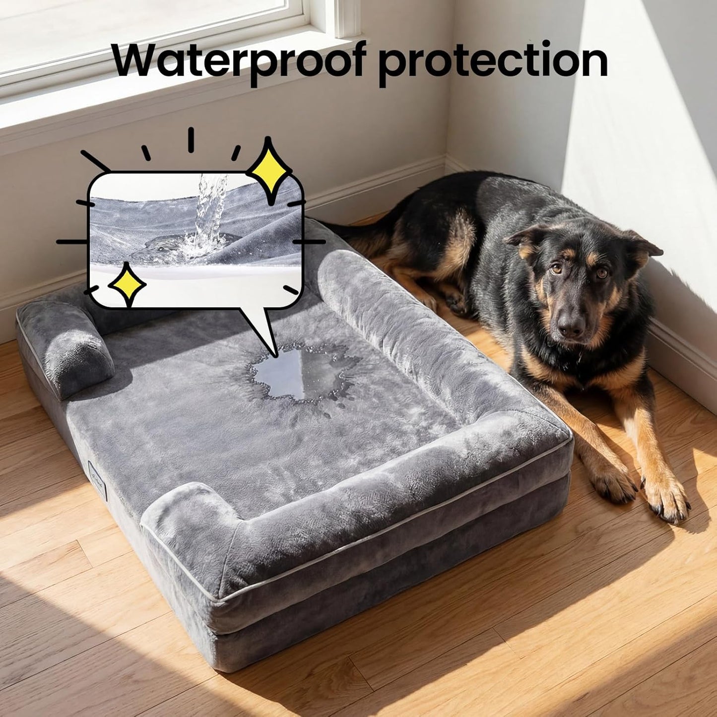 OhGeni Orthopedic Dog Bed Couch Big Cat Sofa for Extra Large Sized Pets with Memory Foam, Machine-Washable Waterproof Removable Cover, Soft Comfortable Fabric, 44-inch (Gray & Thickened Version)