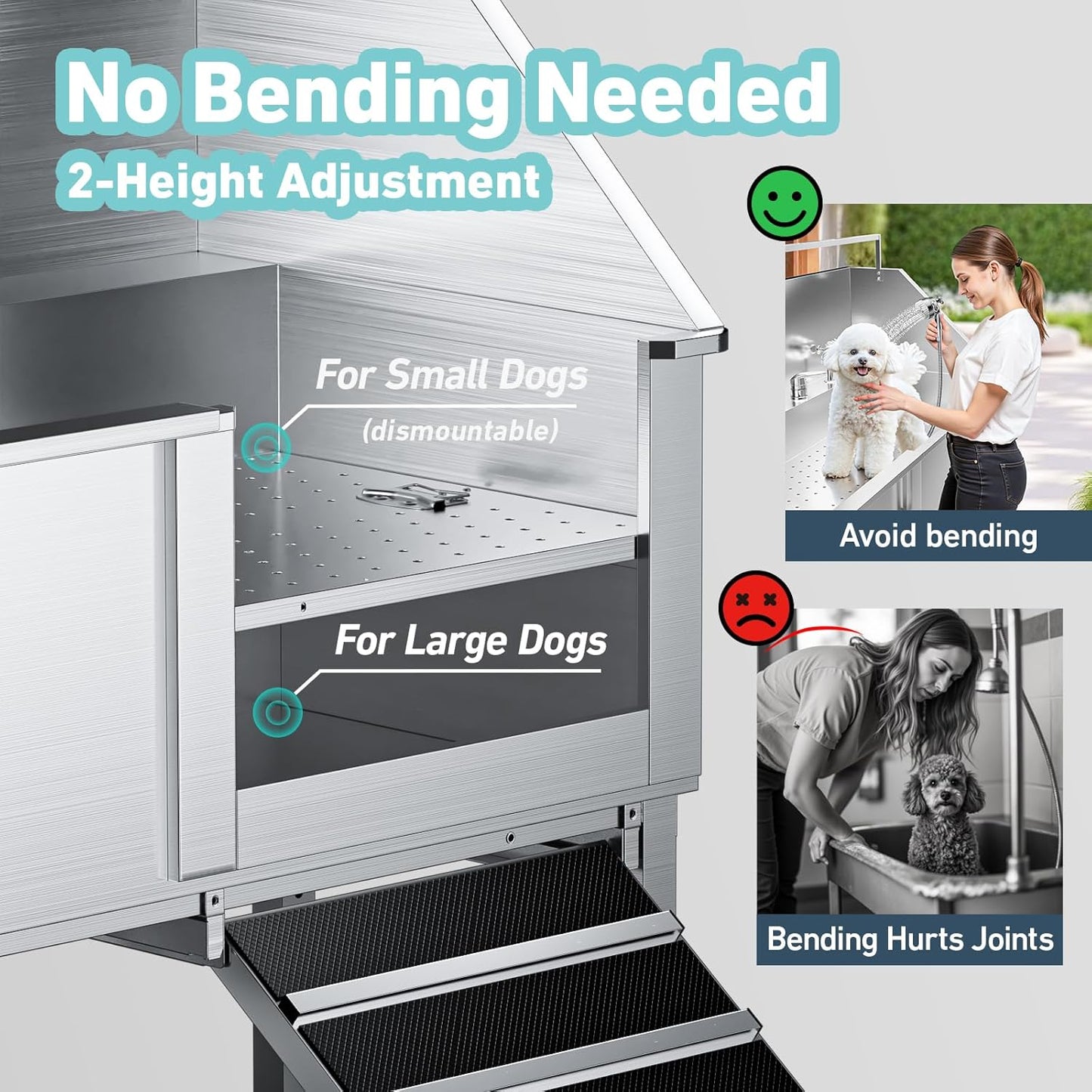 Dog Washing Station,Professional 56" Stainless Steel Dog Bathing Station for Large Dog Height Adjustable Dog Wash Station for Home Dog Grooming Tub With Drawer, Floor Grate & Fauct (Right Ramp)