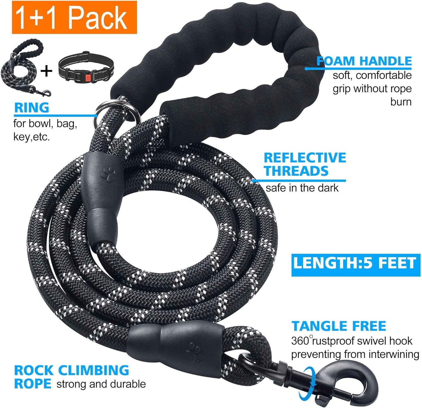 Heavy Duty Dog Leash - Comfortable Padded Handle, 5 ft Long - Dog Leashes for Small Medium Large Dogs (Leash+Collar M Neck 16"-20", Black)