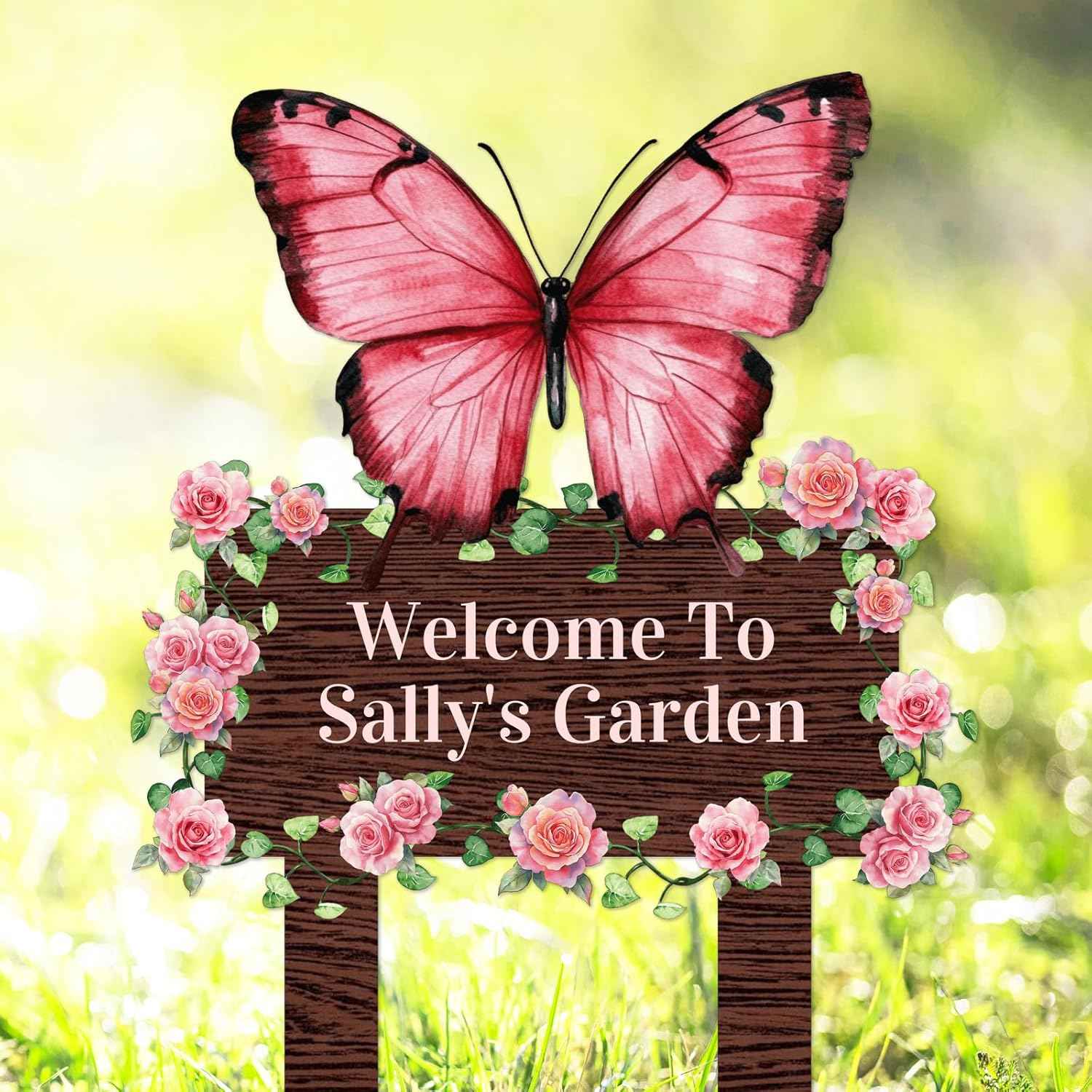 Personalized Butterfly Metal Garden Sign with Stakes, Custom Pink Rose Flowers Garden Stake Yard Signs for Gardener Mom Nana Outdoor Decor Lawn Art