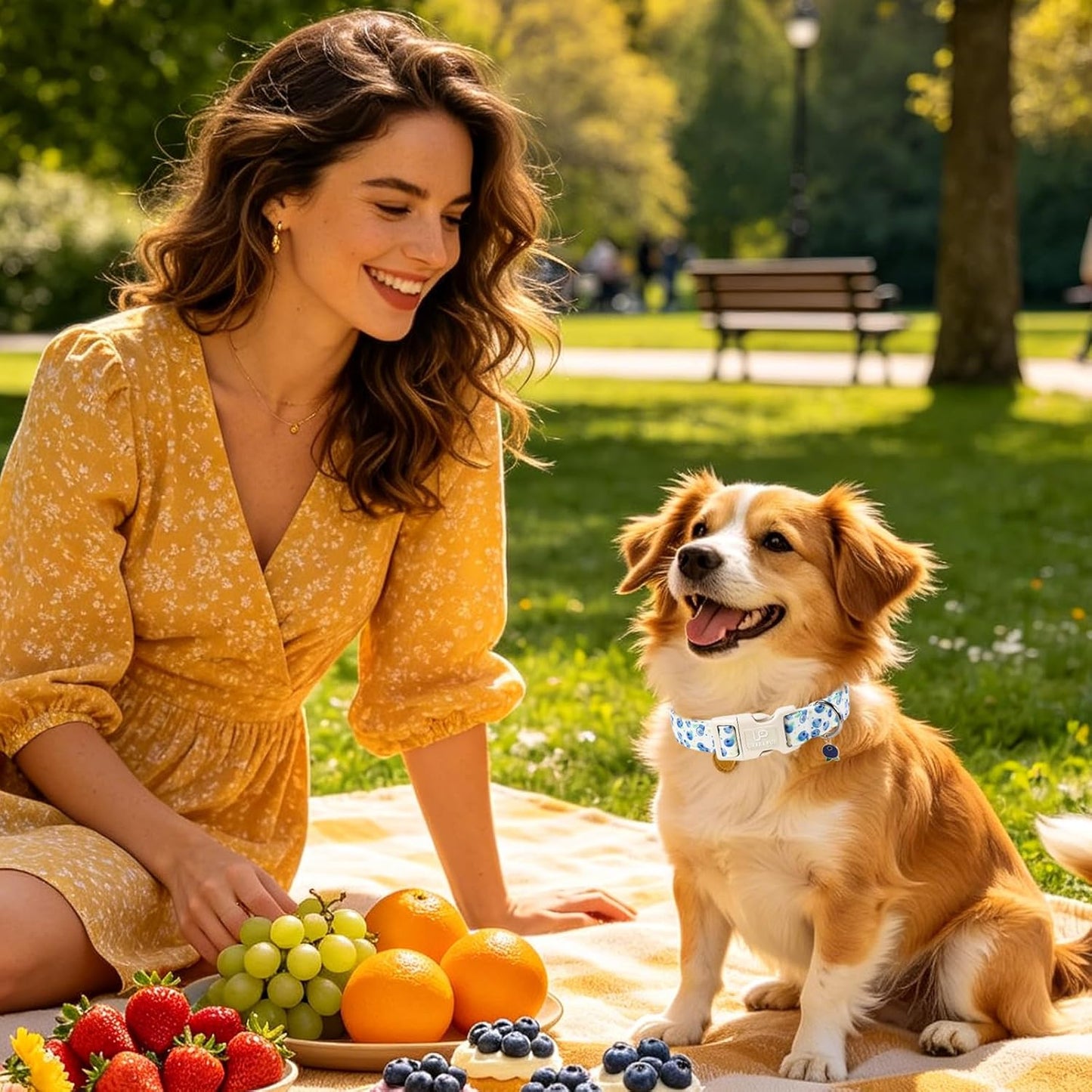 Blueberry Dog Collar, Summer Spring Cotton Dog Collar, Cute Fruit Pattern Adjustable Light Blue Pet Collar, Lightweight Durable Quick Release Buckle with Charm for Male Female Dogs