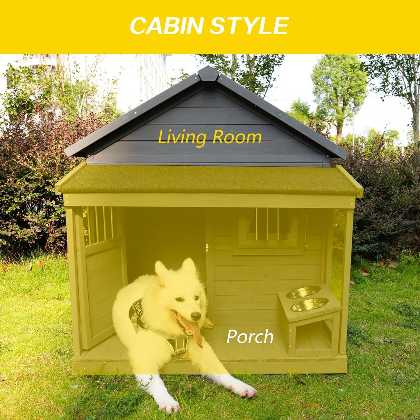 Large Outdoor Dog House, 44.2 x 44.6 x 44.6 inches, Weatherproof Wood Construction with Asphalt Roof, Covered Terrace, Gray(00004)