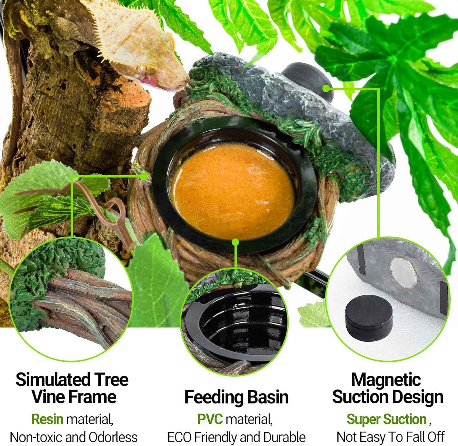 REPTI ZOO Magnetic Reptile Feeding Ledge, Gecko Feeder Ledge with 2PCS Cups, Hollow Vine Food Dish, Reptile Water Bowl for Bearded Dragon Lizard Snake, Terrarium Tank Accessories
