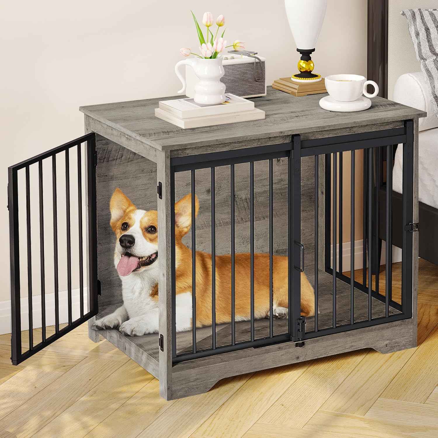 31.9" Dog Crate Furniture with Barn Door, Heavy Duty Dog Kennel Indoor with 2 Doors, Wooden Pet Cage End Table for Small Medium Dogs up to 44 lb, Anti-Chew Anti-Escape, Greige DFC83605B