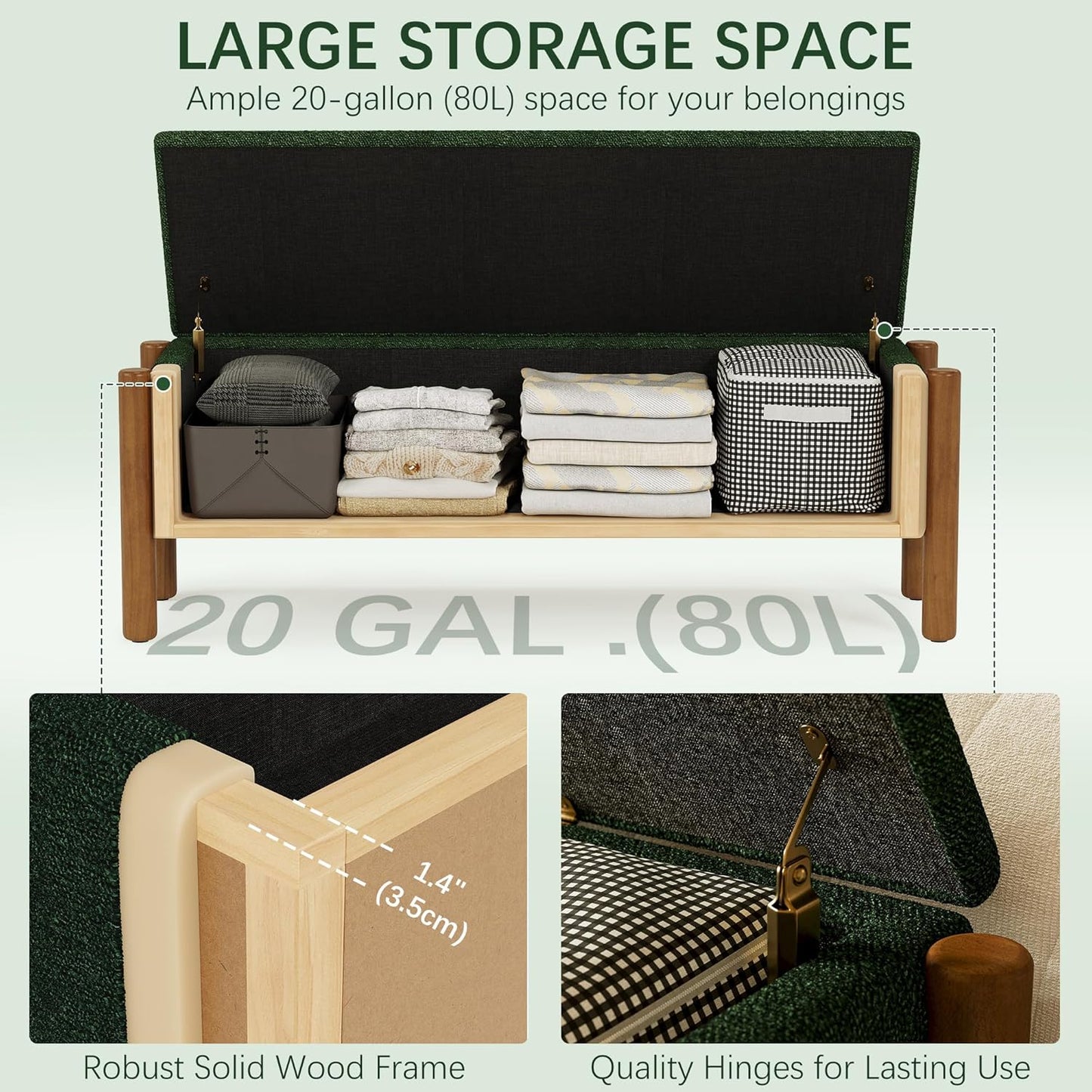 Modern Storage Benches with Walnut Wood Legs, 47'' Ottoman Bench with 20 Gallons Storage Space for Bedroom End of Bed, Fabric Upholstered Entryway Bench with Seating for Livingroom, Green
