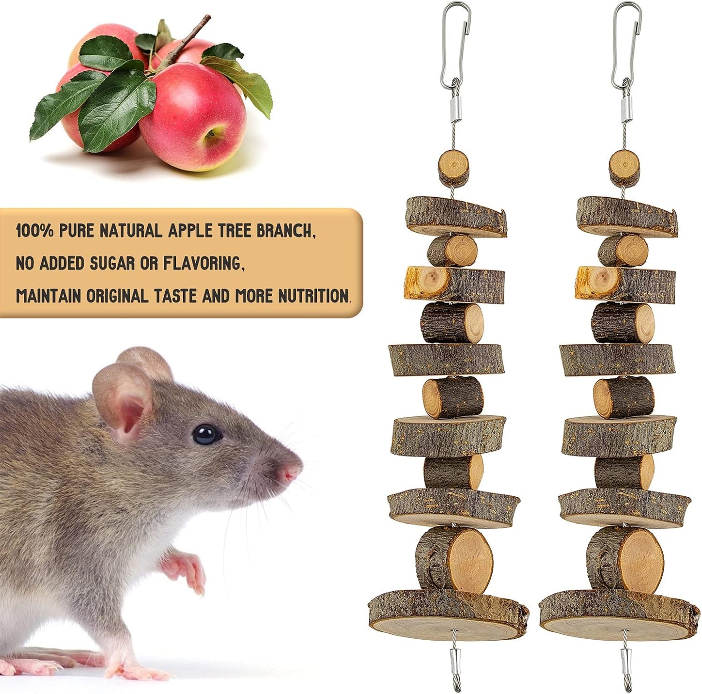 Natural Organic Apple Wood Chew Toys, 2 Pack Small Animal Snacks Toys Suitable for Bunny, Chinchilla, Guinea Pigs, Hamsters Teeth Grinding