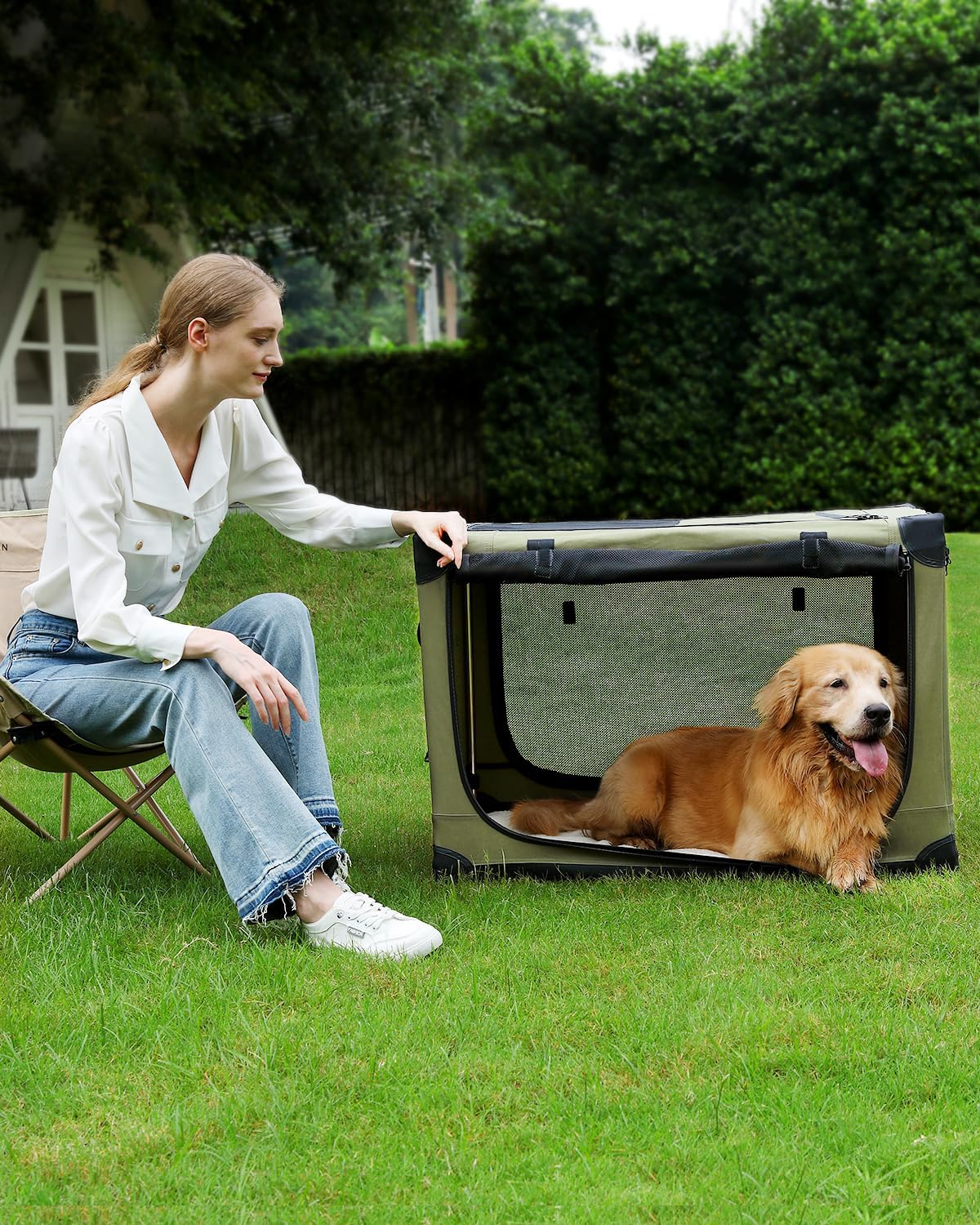 42 Inch Collapsible Travel Dog Crate for Medium Large Dogs, Portable Dog Crate 4-Door Foldable Soft Kennel with Durable Mesh Windows for Indoor & Outdoor Travel, with Storage Bag,Green