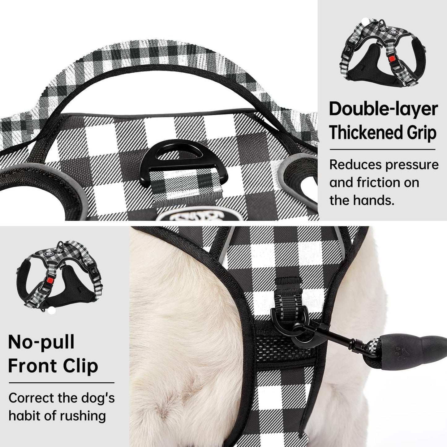 IVY&LANE No Pull Dog Harness with Leash Set, Reflective No Choke Pet Vest,Adjustable Oxford Dog Vest Harness with Easy Control Handle for Large Dogs (Checkered Black,L)