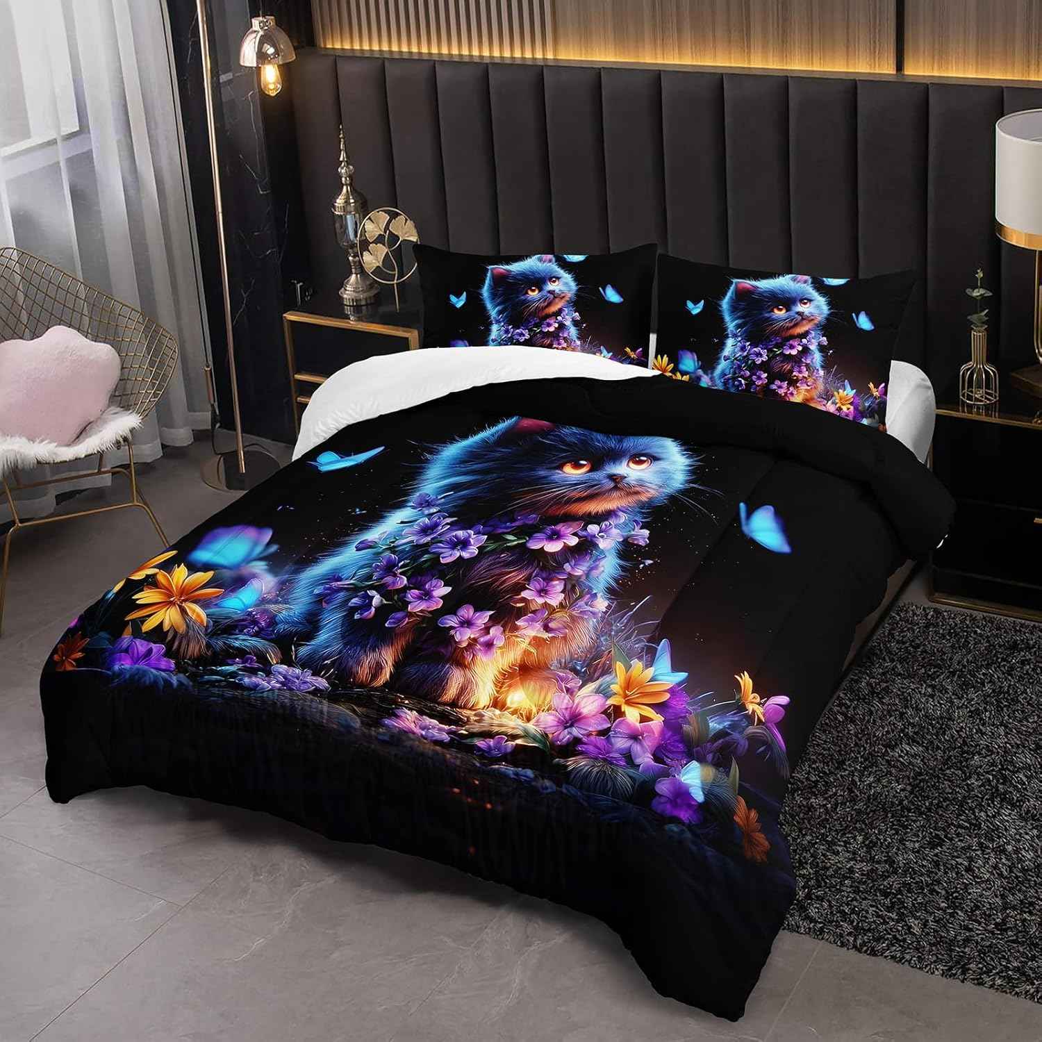 Blue Cat Themed Comforter 3Pcs Twin Mysterious Animal Pet Cat Kitten Butterfly Bedding Set for Kid Teen Girl Boy Adult Dreamy Aesthetics Floral Quilt Bed Decor with 1 Comforter & 2 Pillowcases