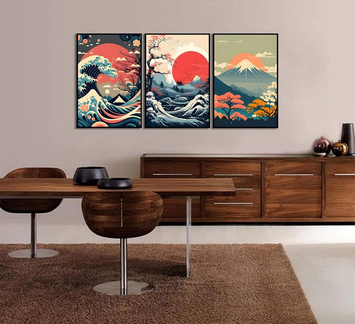 HOYXHKMT 3Pcs Japanese Wall Art Japanese Fuji Wall Decor Asian Nature Landscape Posters Pictures Kanagawa Giant Wave Canvas Prints Cherry Blossom Lake Painting for Living Room Bedroom Office Unframed