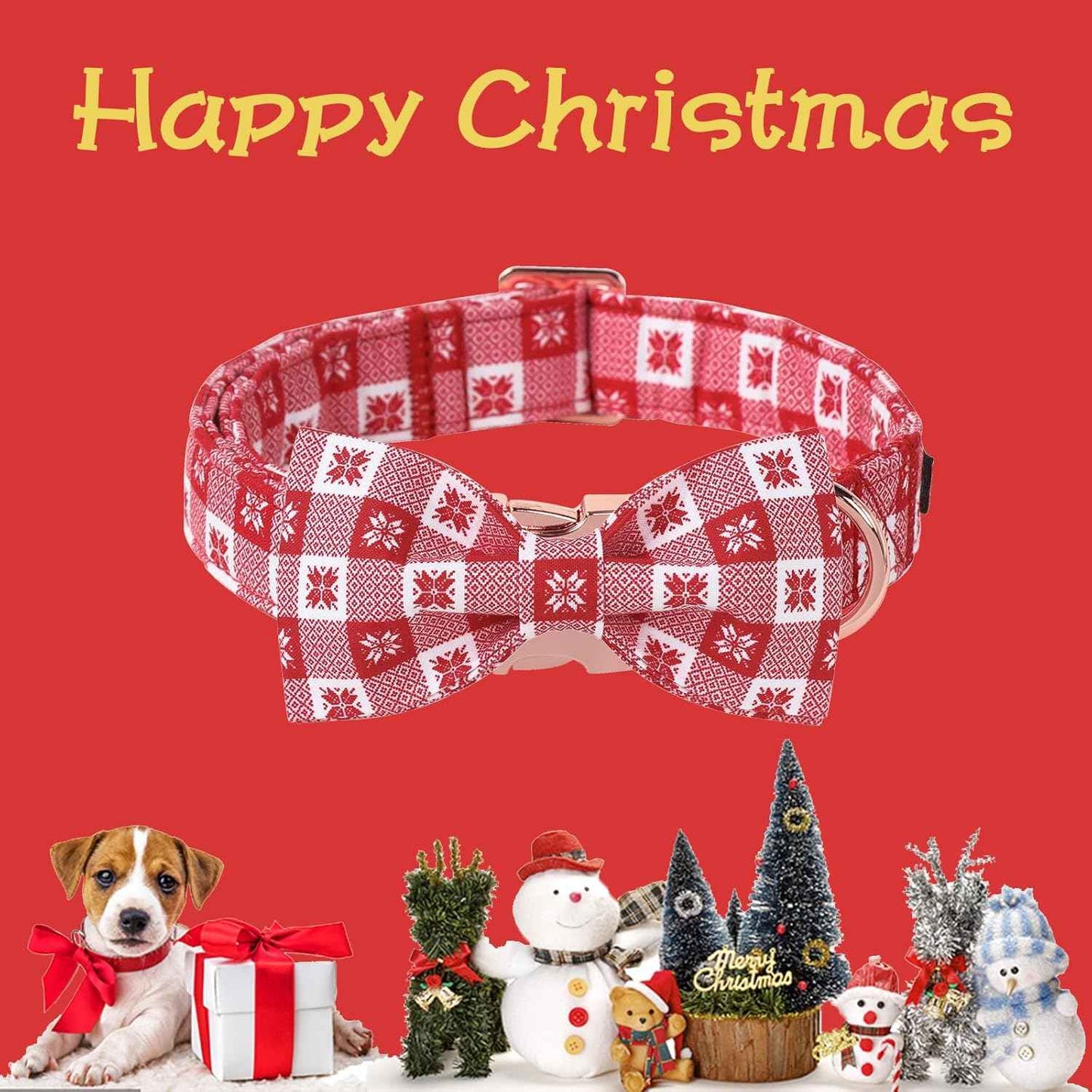 Unique Style Paws Christmas Day Dog Collar with Bow Christmas Red Papercut Cotton Puppy Collars for Small Medium Large Dogs