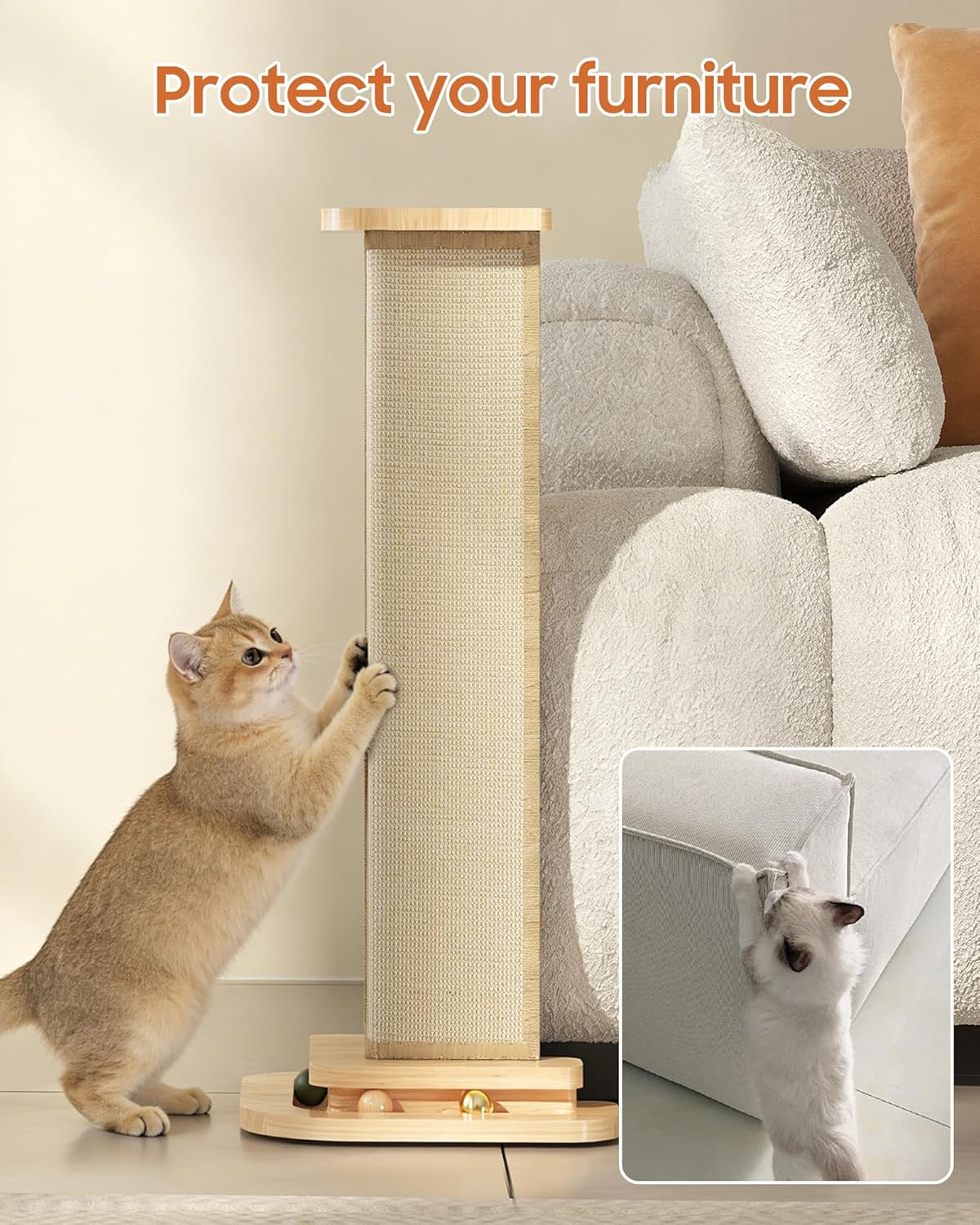 Corner Cat Scratcher, 25'' Cat Scratching Post with Track Balls for 90° Furniture Sofa, Replaceable Sisal Scratch Pad for Wall Furniture Protector