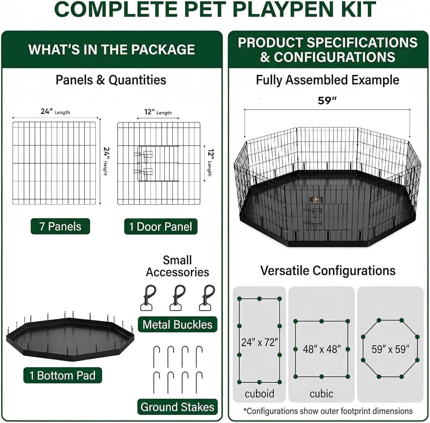 PJYuCien Octagonal Dog Playpen with Bottom Pad - Metal Foldable Exercise Pen, 8 Panels 24" H x 24" W Indoor Outdoor Pet Fence Puppy Crate Kennel, Black