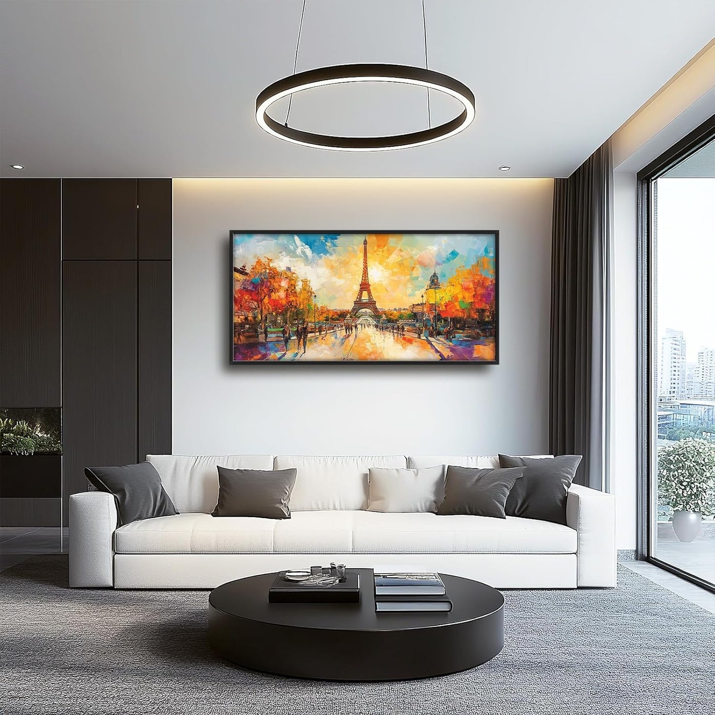 Framed Large Eiffel Tower Wall Art for Living Room, Oversized Paris City Street Landscape Wall Decor, Colorful Sunrise Canvas Painting Modern Artwork for Living Room Bedroom Office 60"x30"