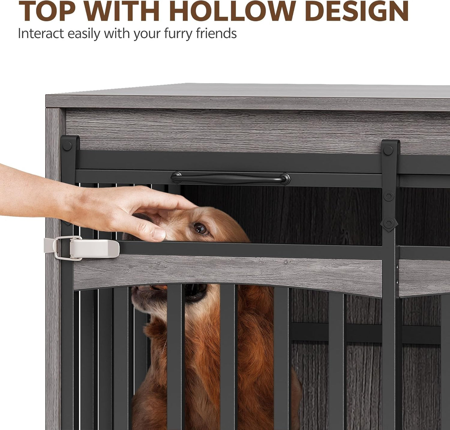 86.61" Large Double Dog Crate Furniture with 3 Storage Drawers Farmhouse Dog Kennel TV Stand Indoor for 2 Large Medium Dogs Decorative Dog Cage with Sliding Barn Door & Power Outlets Grey